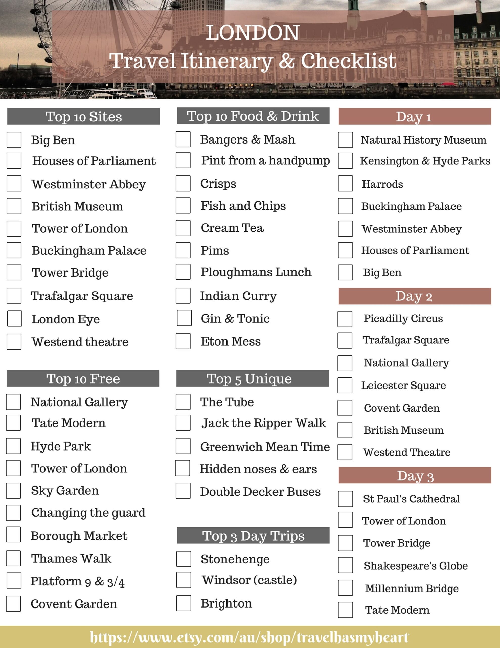 LONDON Travel Checklist Travel Itinerary Printable Travel Planner Vacation Planning PDF Top 10 Sites 3 Day Top 10 Foods Etsy