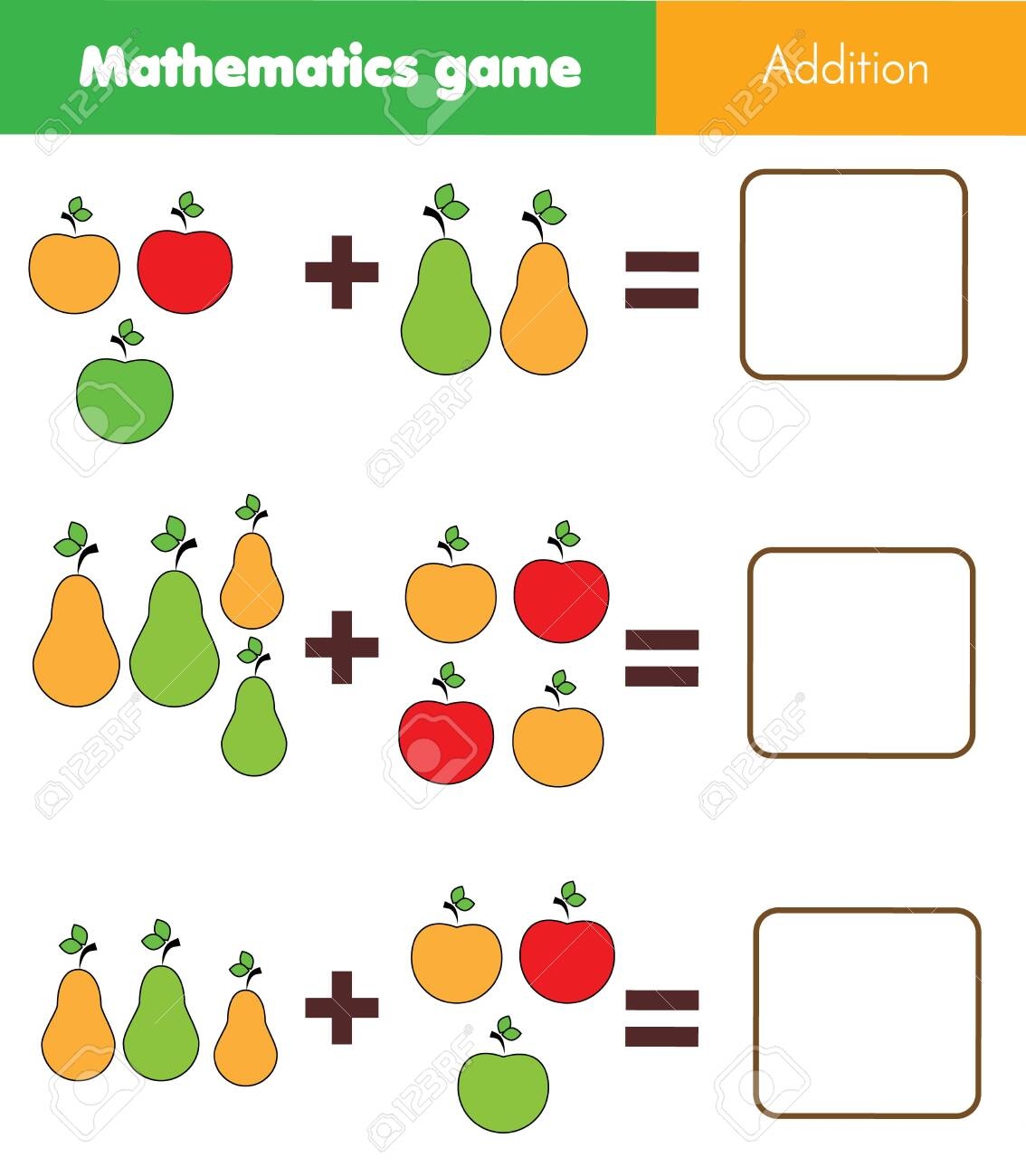 Math Educational Game For Children Counting Equations Addition Worksheet With Fruits Royalty Free SVG Cliparts Vectors And Stock Illustration Image 122278886 