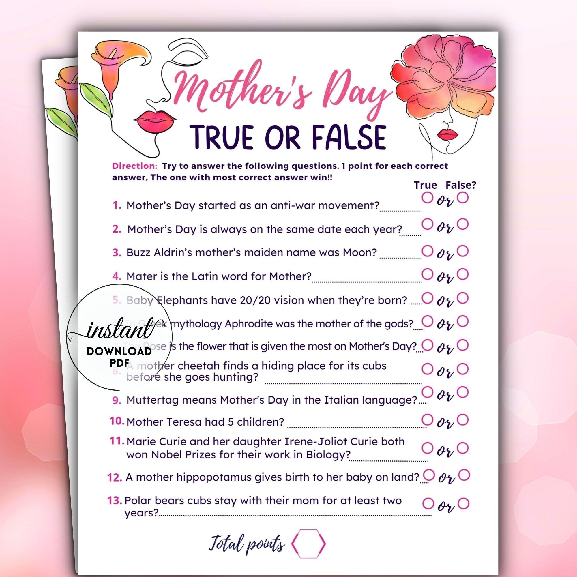 Mother s Day Trivia Quiz True Or False Game Mother Day Trivia Game Printable Mothers Day Party Game Mothers Day Game Brunch Games Etsy Israel