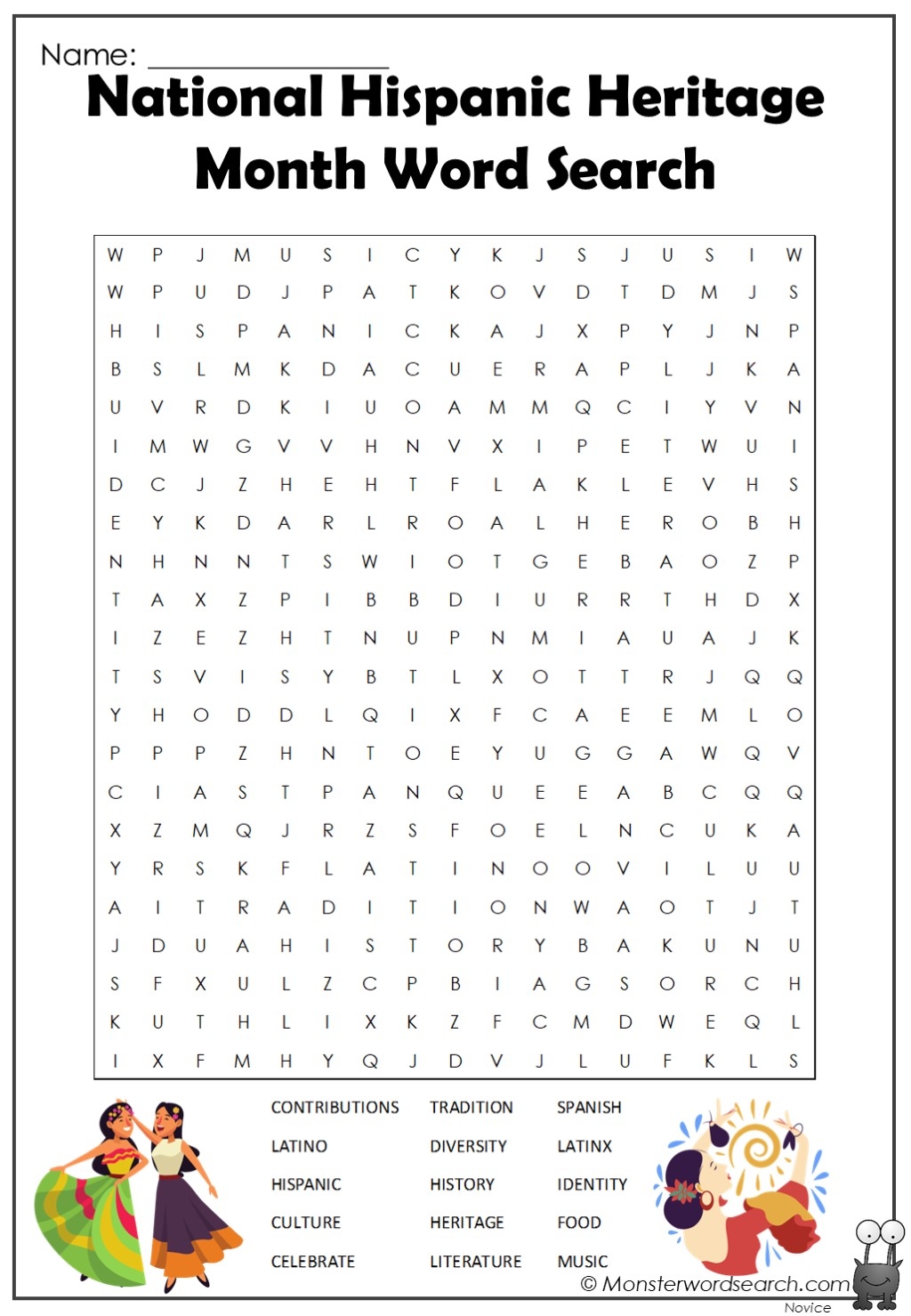 National Hispanic Heritage Month Word Search Monster Word Search