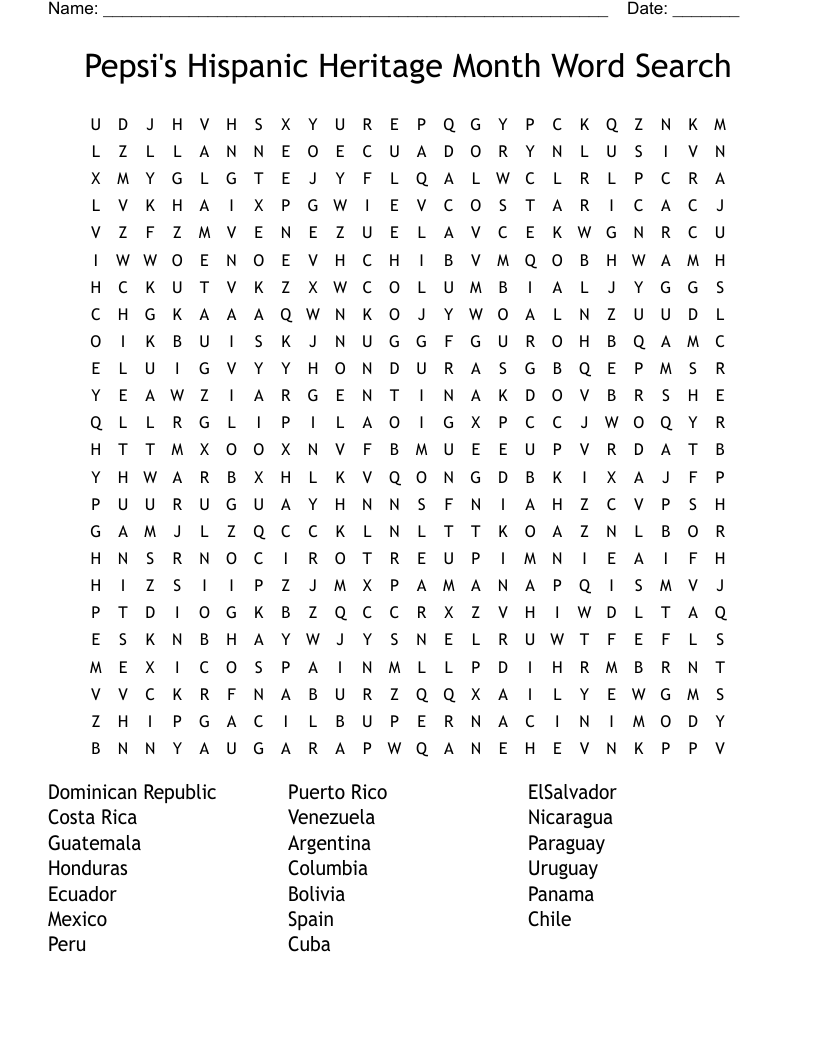 National Hispanic Heritage Month Word Search WordMint