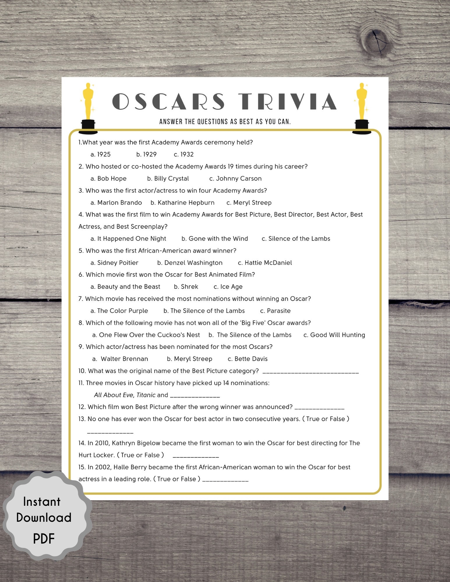 Oscars Trivia Game 95th Academy Awards Printable Game Oscars 2023 Printable Movie Awards Trivia Instant Download PDF Game All Ages Etsy