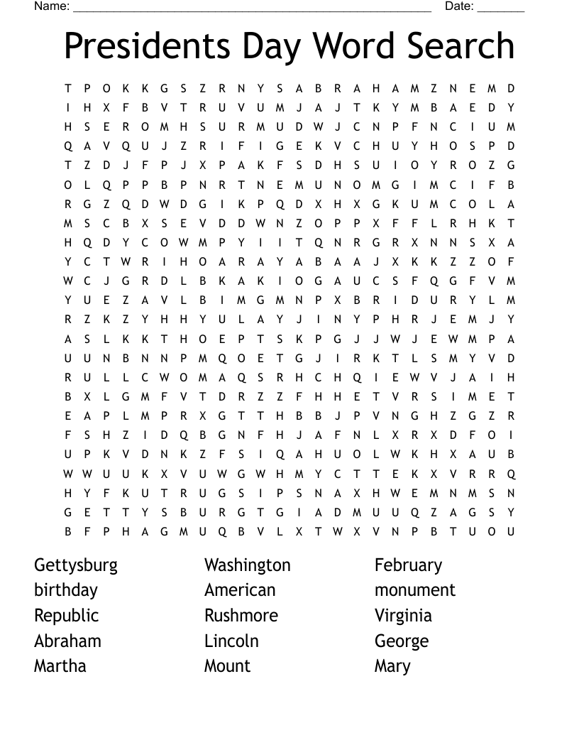 Presidents Day Word Search WordMint