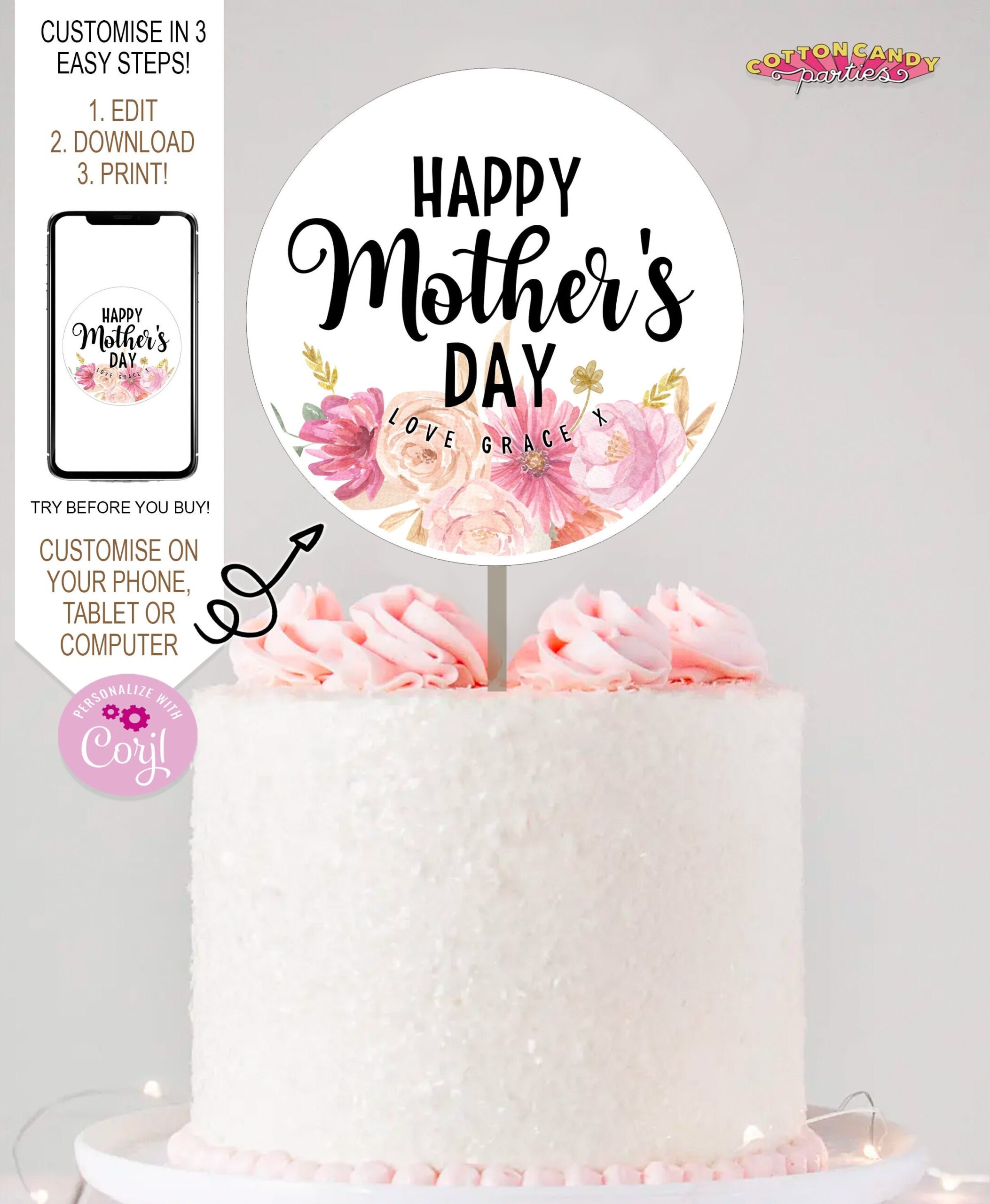 PRINTABLE Cake Topper 4 X 4 Happy Mother s Day Pink Flowers Greenery Cake Topper Cupcake Toppers Happy Mothers Day Toppers Tag Idea Mdp Etsy
