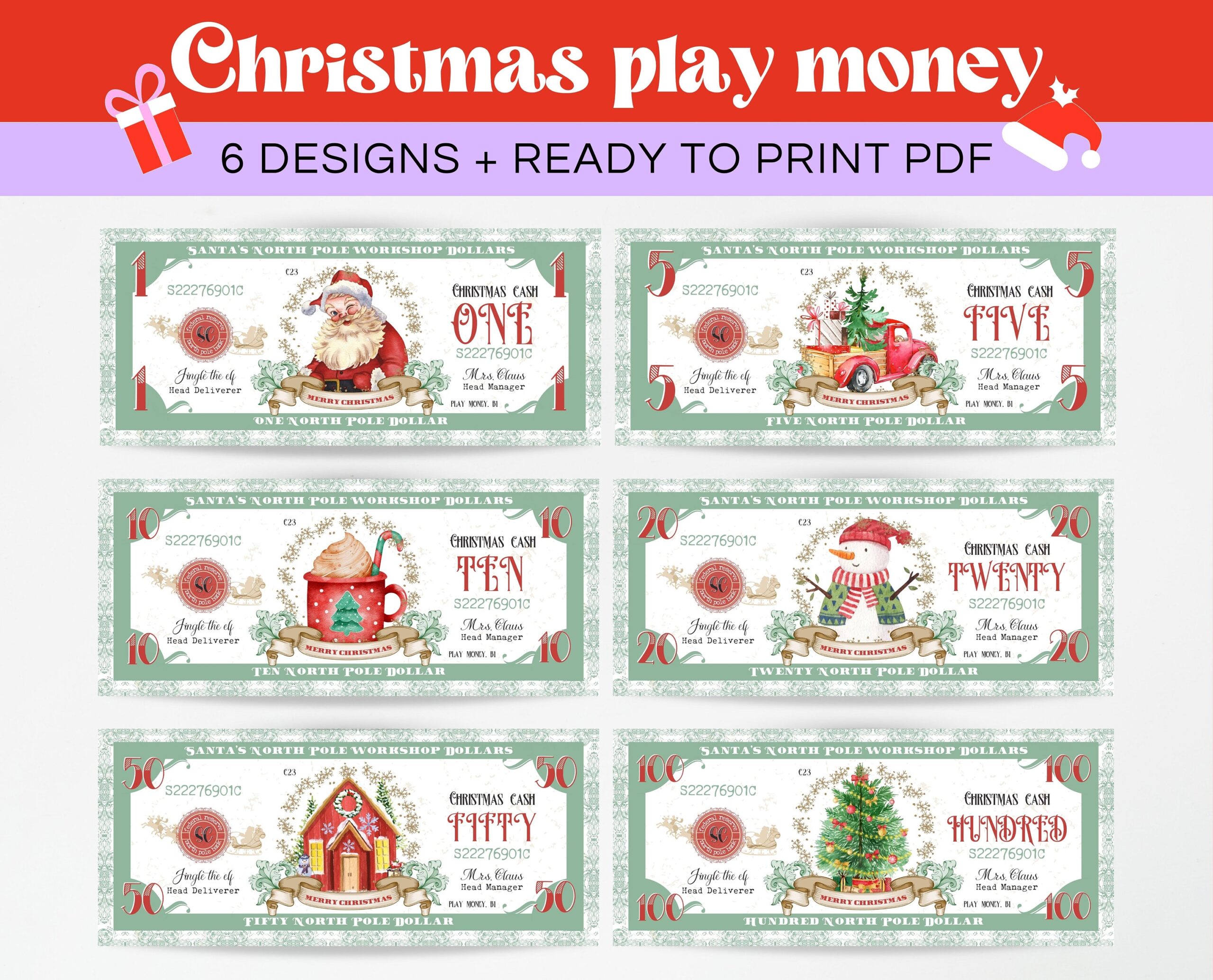 Printable Christmas Money North Pole Dollar Bill Kid s Activity Ready To Print Christmas Play Money Etsy
