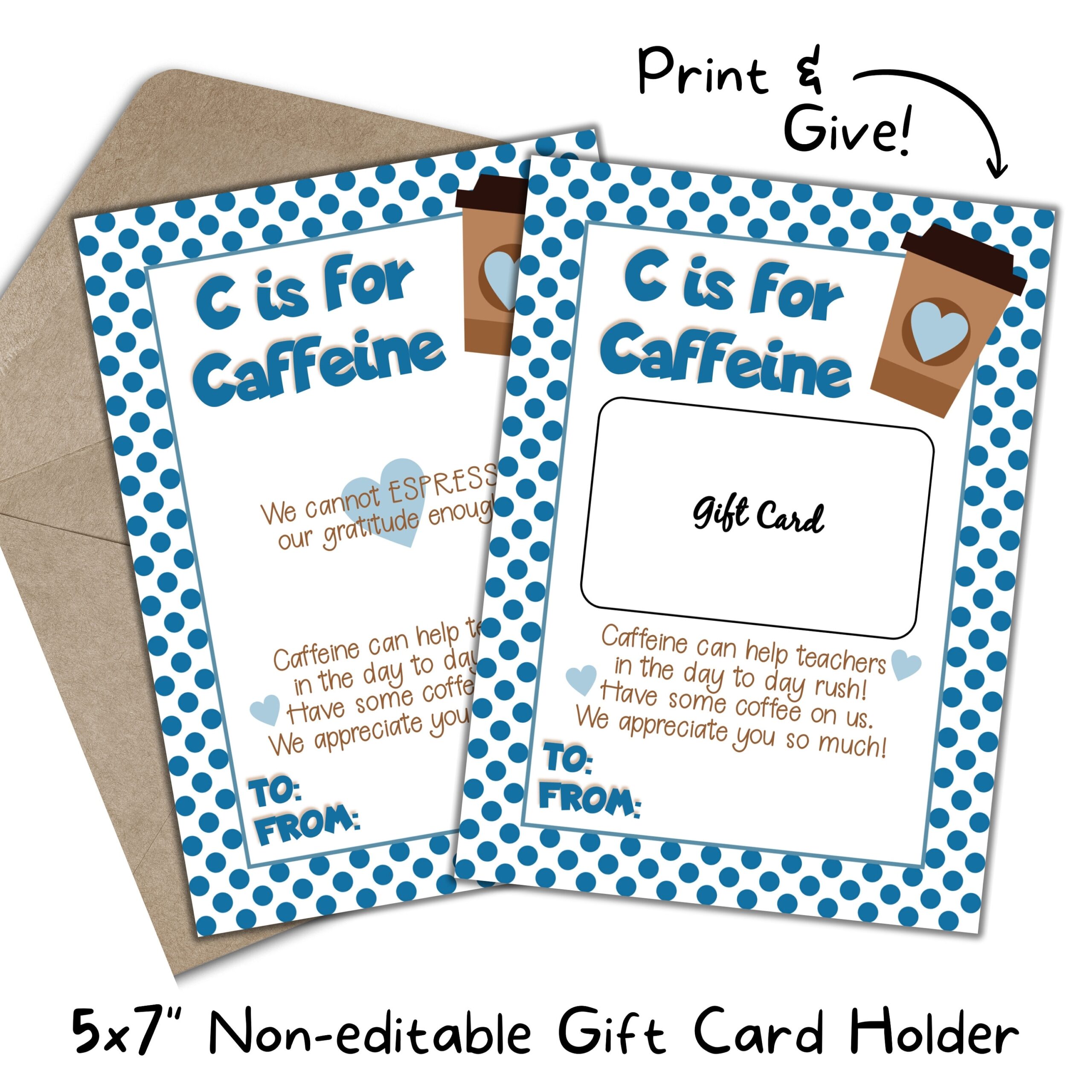 Printable Coffee Gift Card Holder For Teacher End Of School Year C Is For Caffeine Birthday Present Thank You Gift For Teacher 009 Etsy