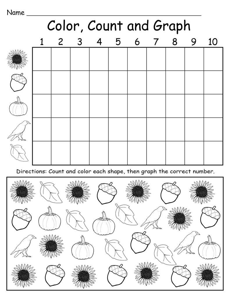 Printable Fall Themed Color Count And Graph Worksheet Graphing Worksheets Kindergarten Math Worksheets Free Free Kindergarten Worksheets