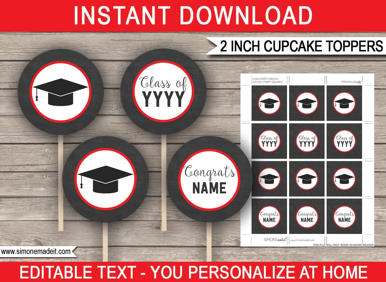 Printable Graduation Cupcake Toppers For Any Year Graduation Theme Gift Tags Red Chalkboard INSTANT DOWNLOAD With EDITABLE Text Etsy
