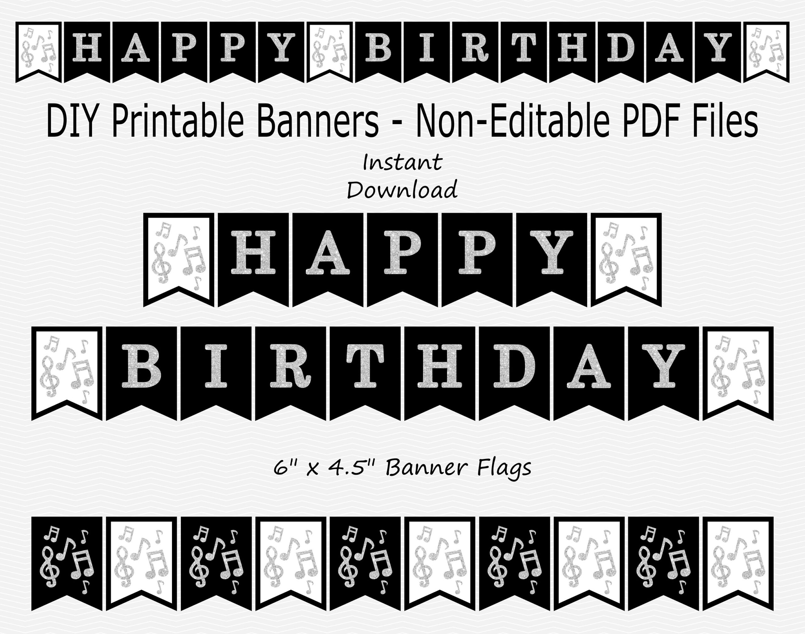 Printable Happy Birthday Banner Music Note Black Silver Birthday Party Sign PRINTABLE INSTANT DOWNLOAD Etsy Sweden