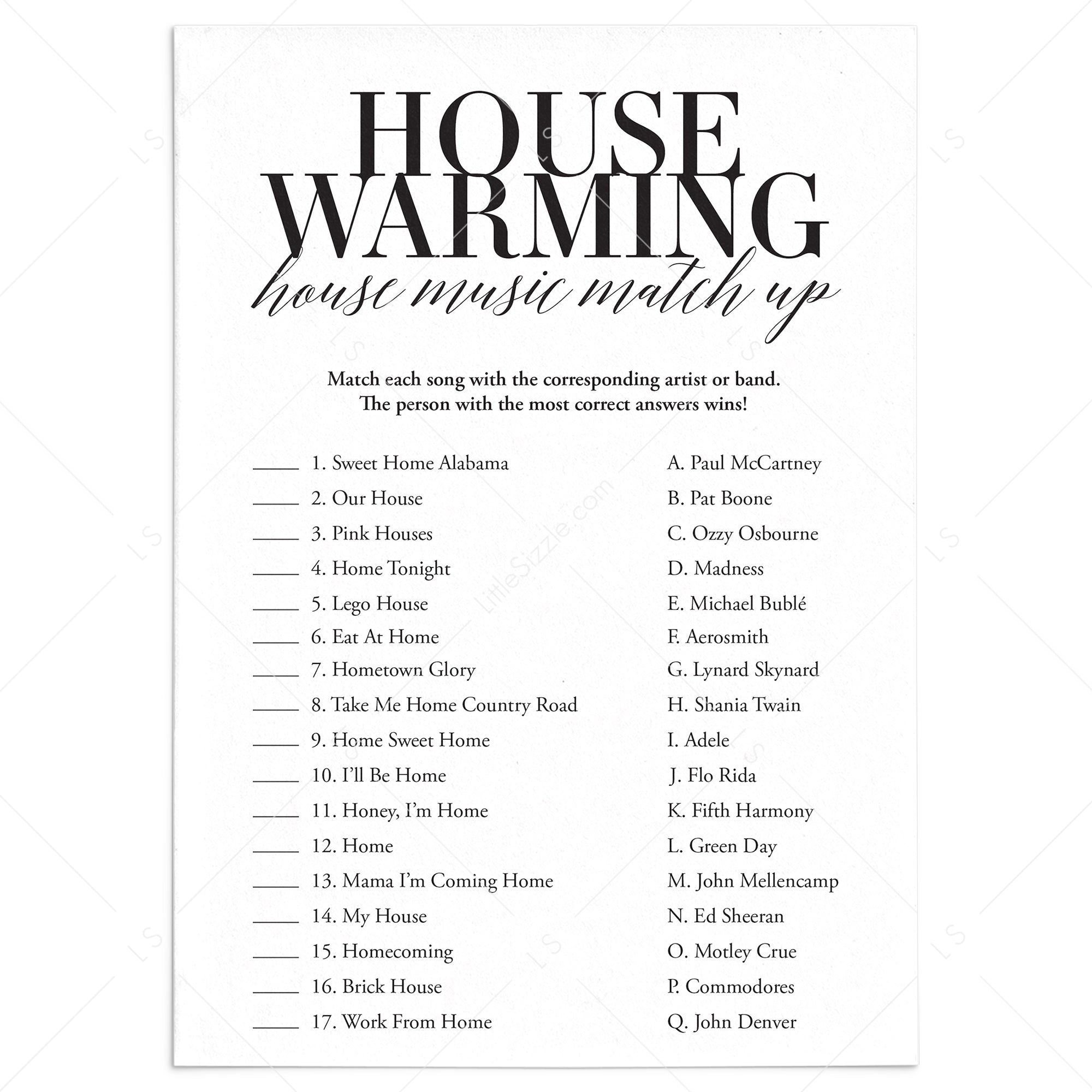Printable Housewarming Game Music Match With Answers House Warming Housewarming Games Home Party Games
