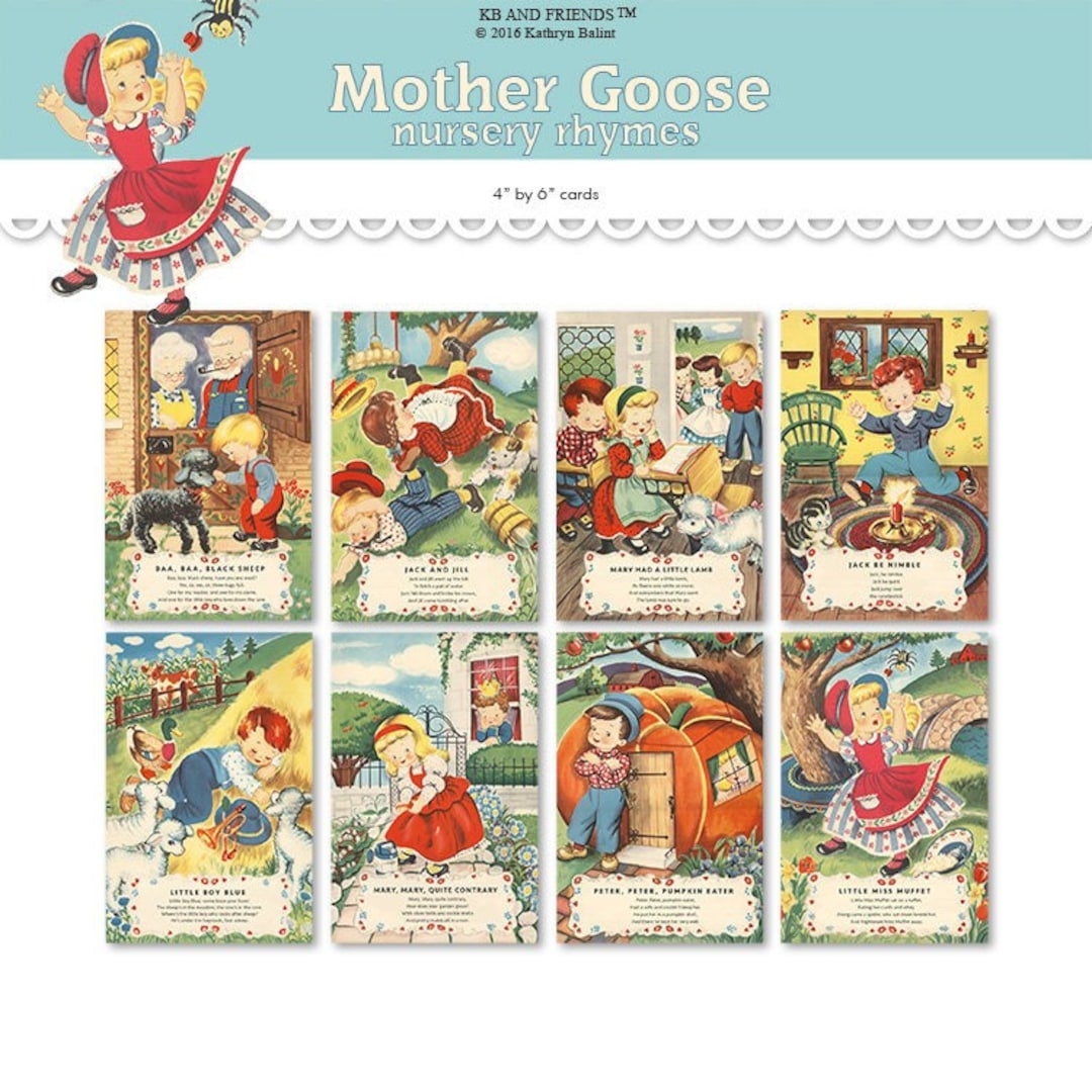Printable Nursery Rhyme Cards Printable PDF Digital Collage Sheet 4 By 6 Flashcards Postcards Vintage Mother Goose Children Etsy