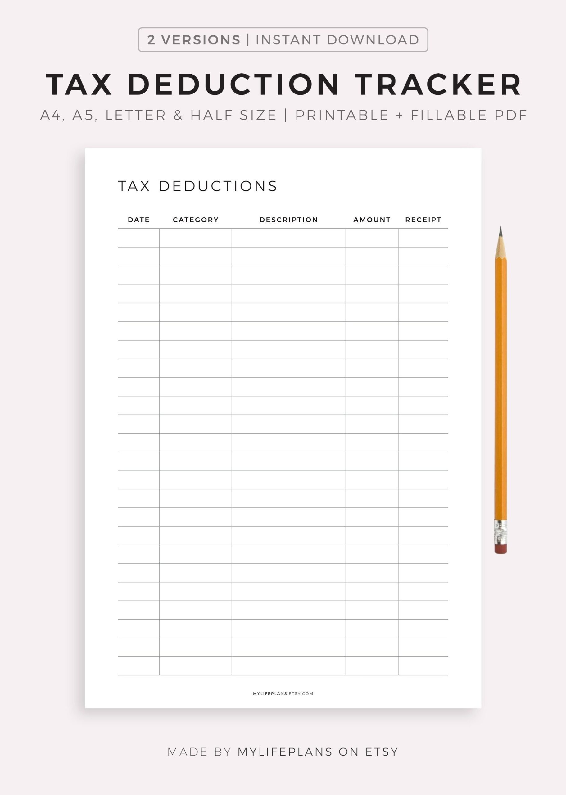 Printable Tax Deduction Tracker Business Tax Log Purchase Records Tax Organizer Budget Template A4 a5 letter half Instant Download PDF Etsy