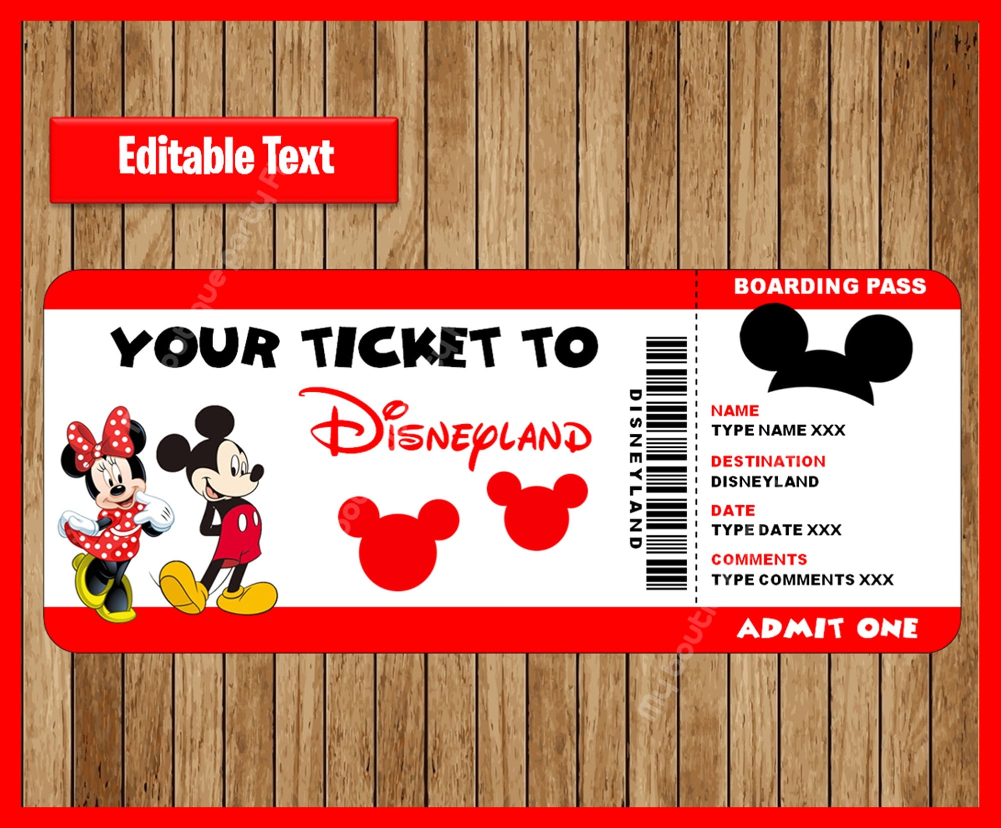 Printable Ticket To Disneyland Surprise Trip Birthday Gift Disneyland EDITABLE Text Mickey And Minnie Mouse INSTANT DOWNLOAD Etsy