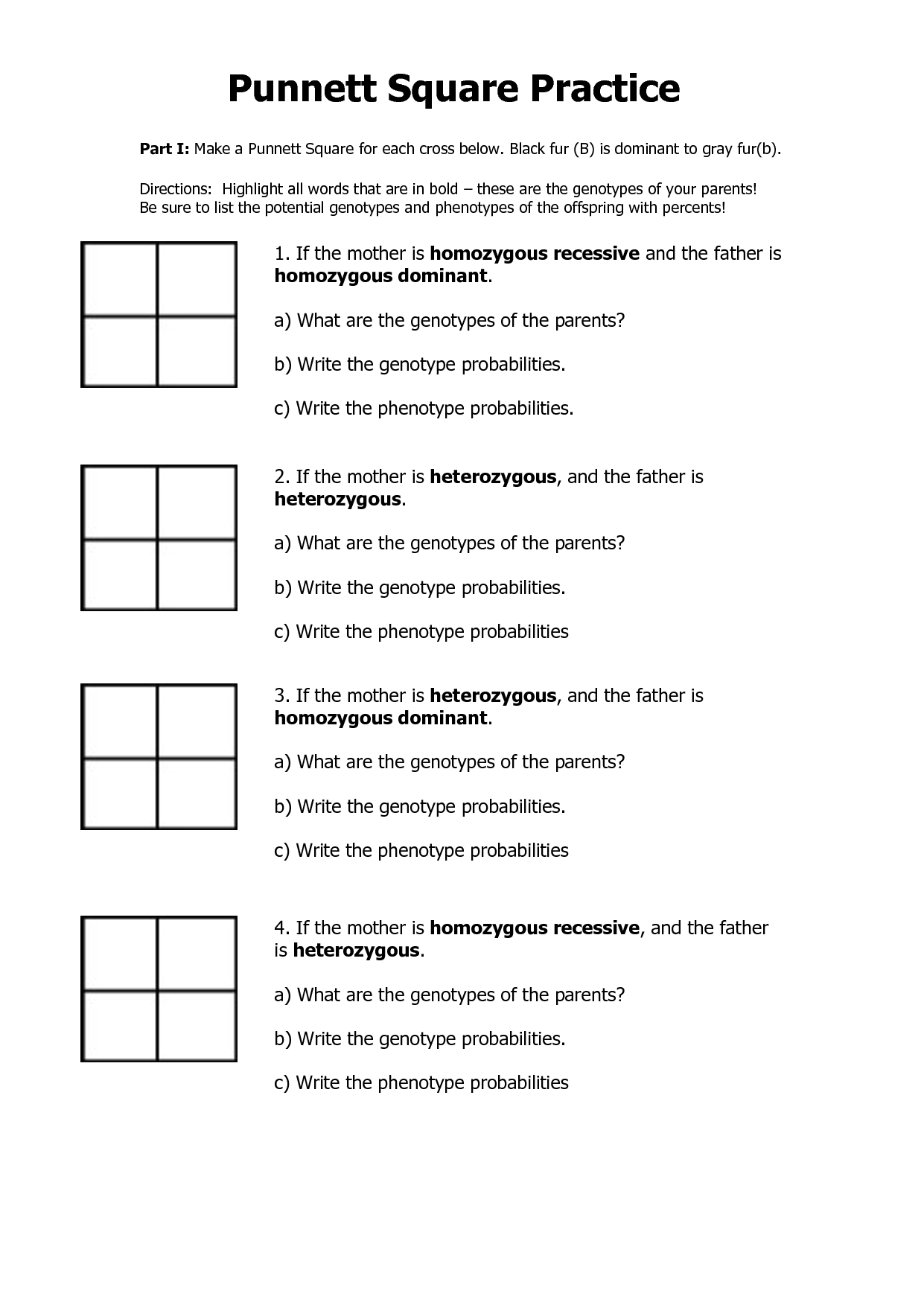 Punnett Squares Practices Worksheets Worksheets