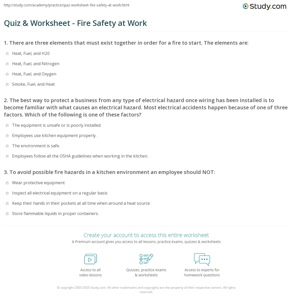 Quiz Worksheet Fire Safety At Work Study
