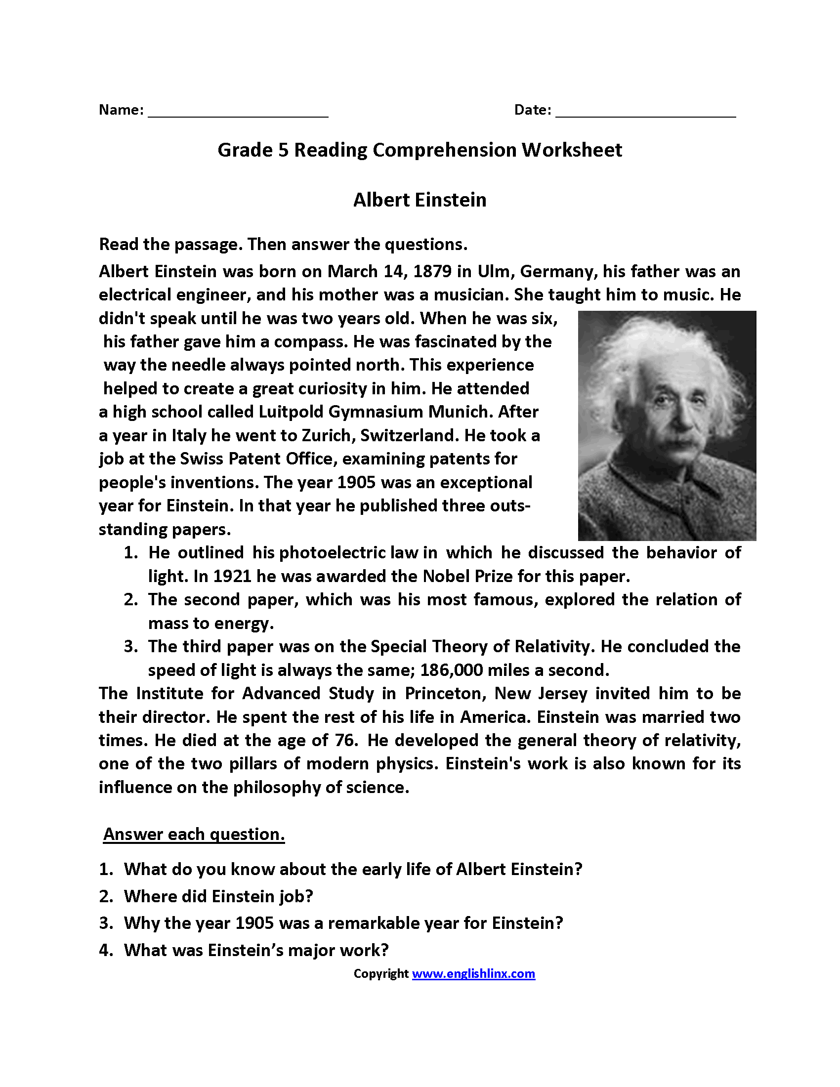 Reading Worksheets Printable For 5Th Grade
