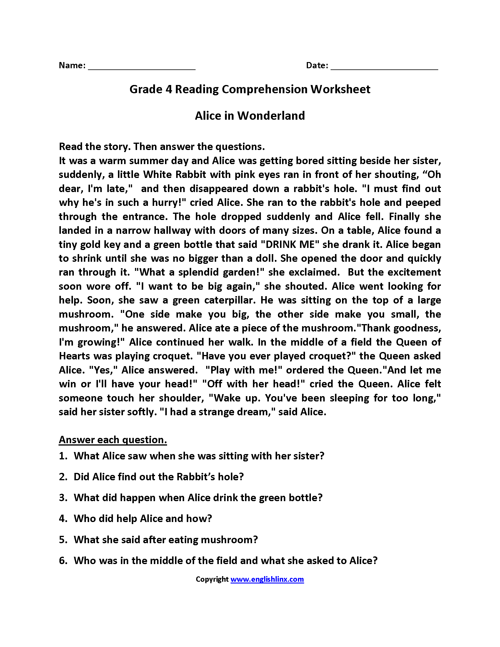 Reading Worksheets Printable For 4Th Grade