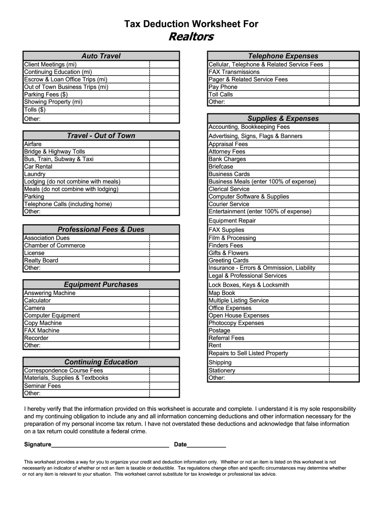 Real Estate Agent Tax Deductions Worksheet 2022 Fill Online Printable Fillable Blank PdfFiller