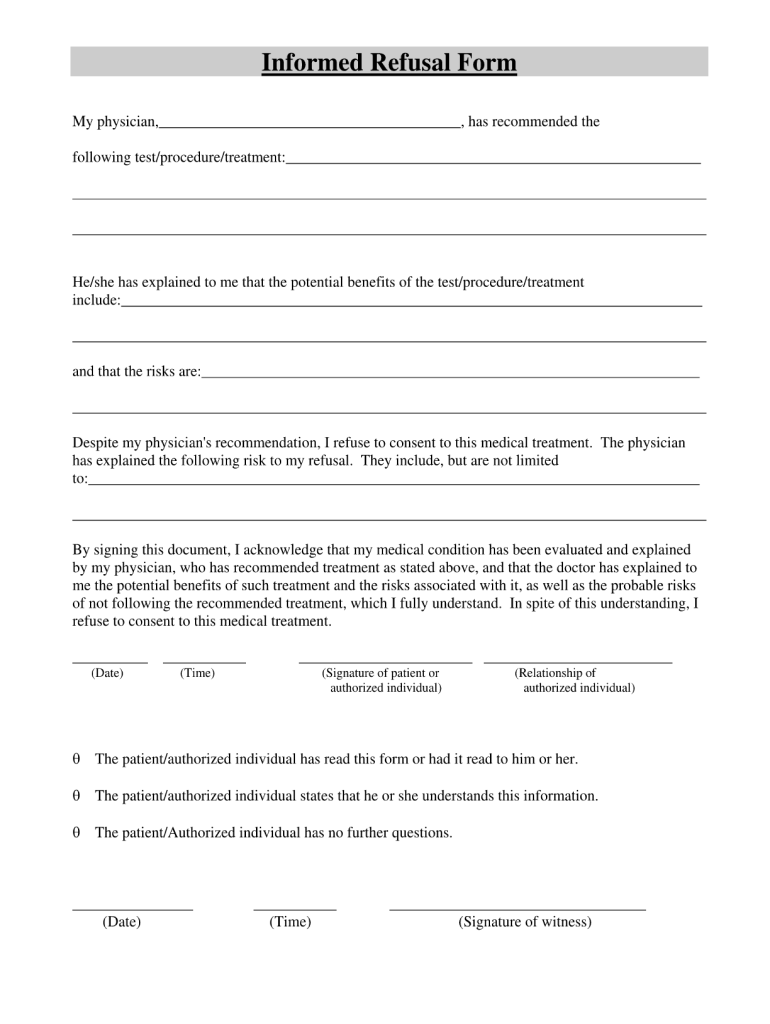 Refusal Of Treatment Form Pdf Fill Online Printable Fillable Blank PdfFiller