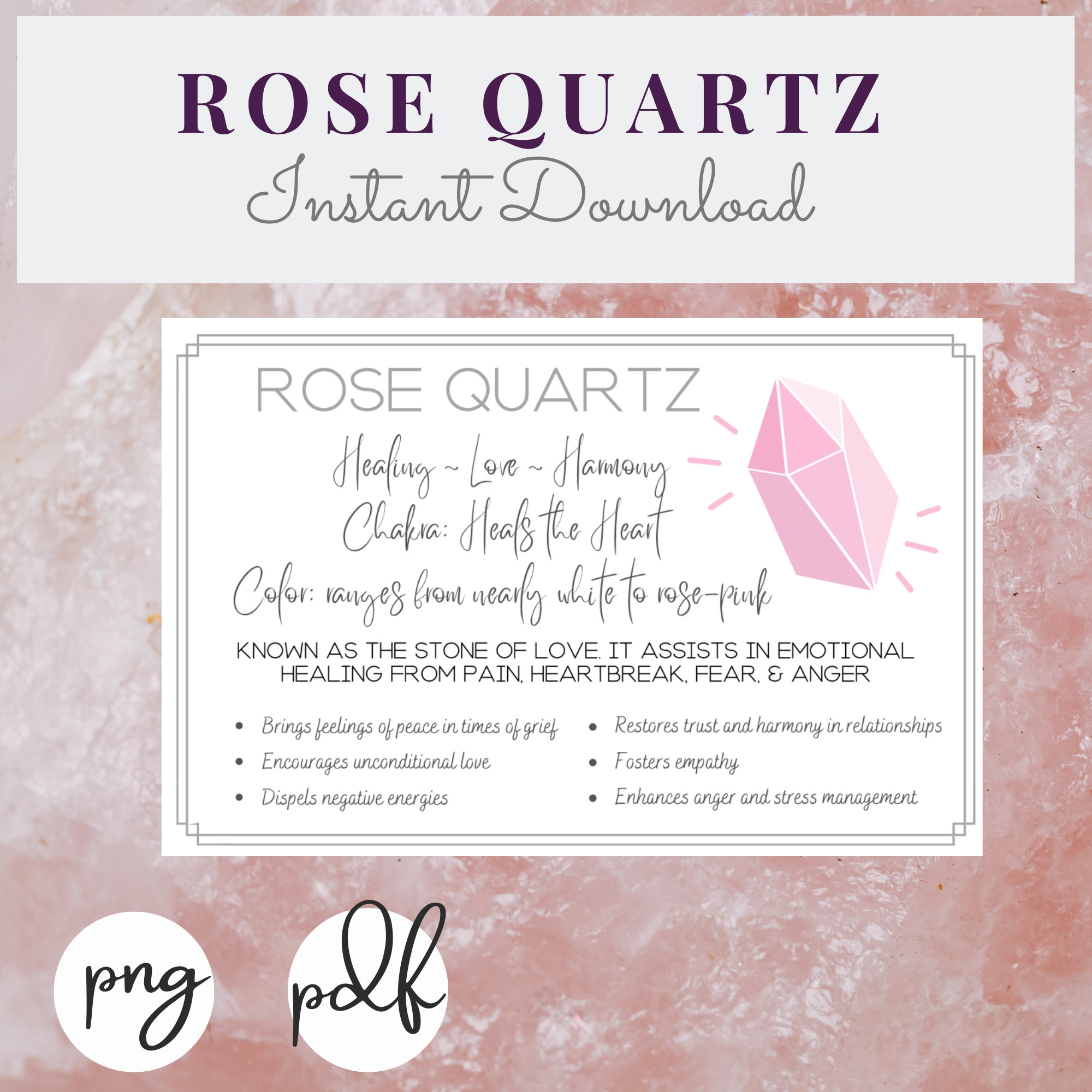 Rose Quartz Printable Cards Meaning Properties Benefits Grieving Crystals Stone DOWNLOAD Etsy