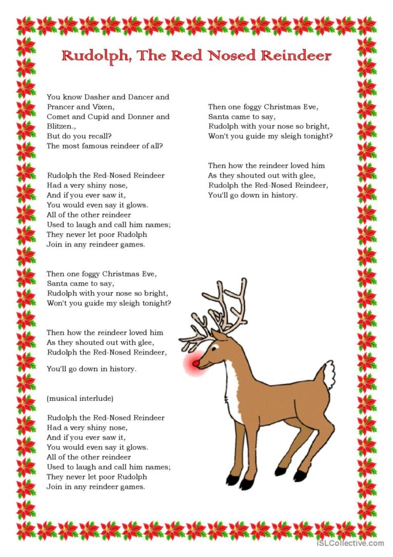 Rudolph The Red Nosed Reindeer Song English ESL Worksheets Pdf Doc