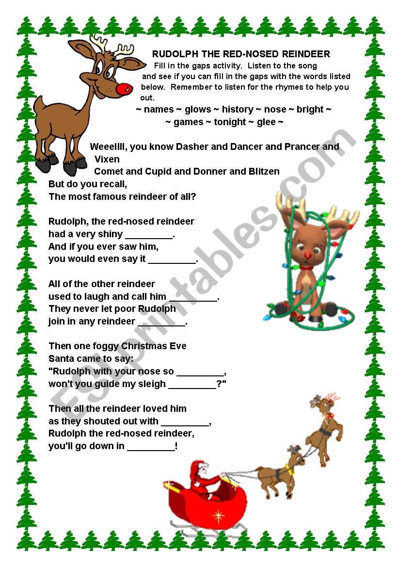 Rudolph The Red nosed Reindeer Song ESL Worksheet By Vickiii