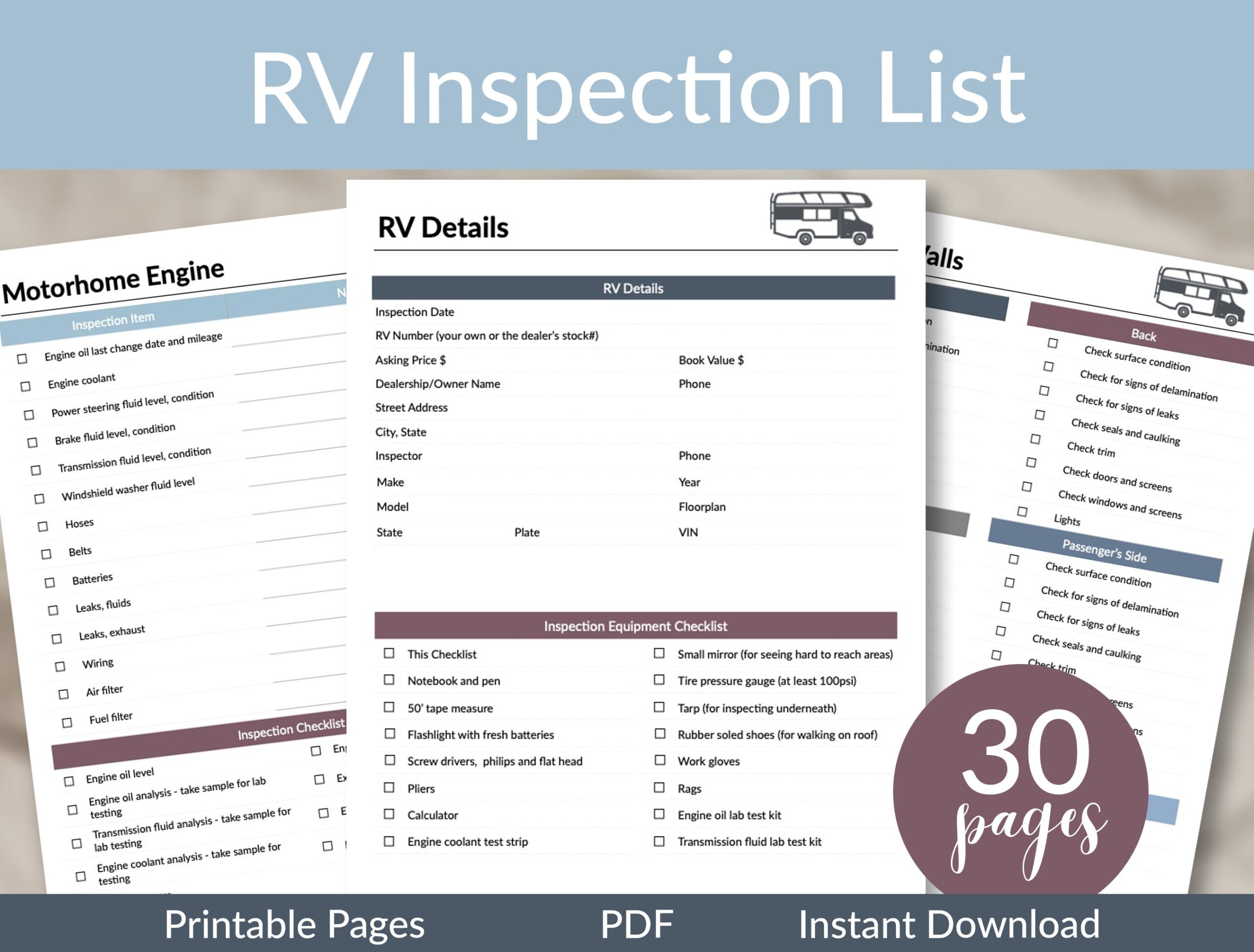 RV Printable Inspection Checklists RV Planning RV Purchase List Motorhome Inspection List Travel Trailer Inspection Towable List Etsy