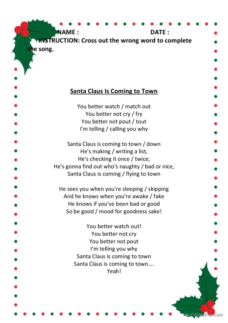 Santa Is Coming To Town Song Warmer English ESL Worksheets Pdf Doc