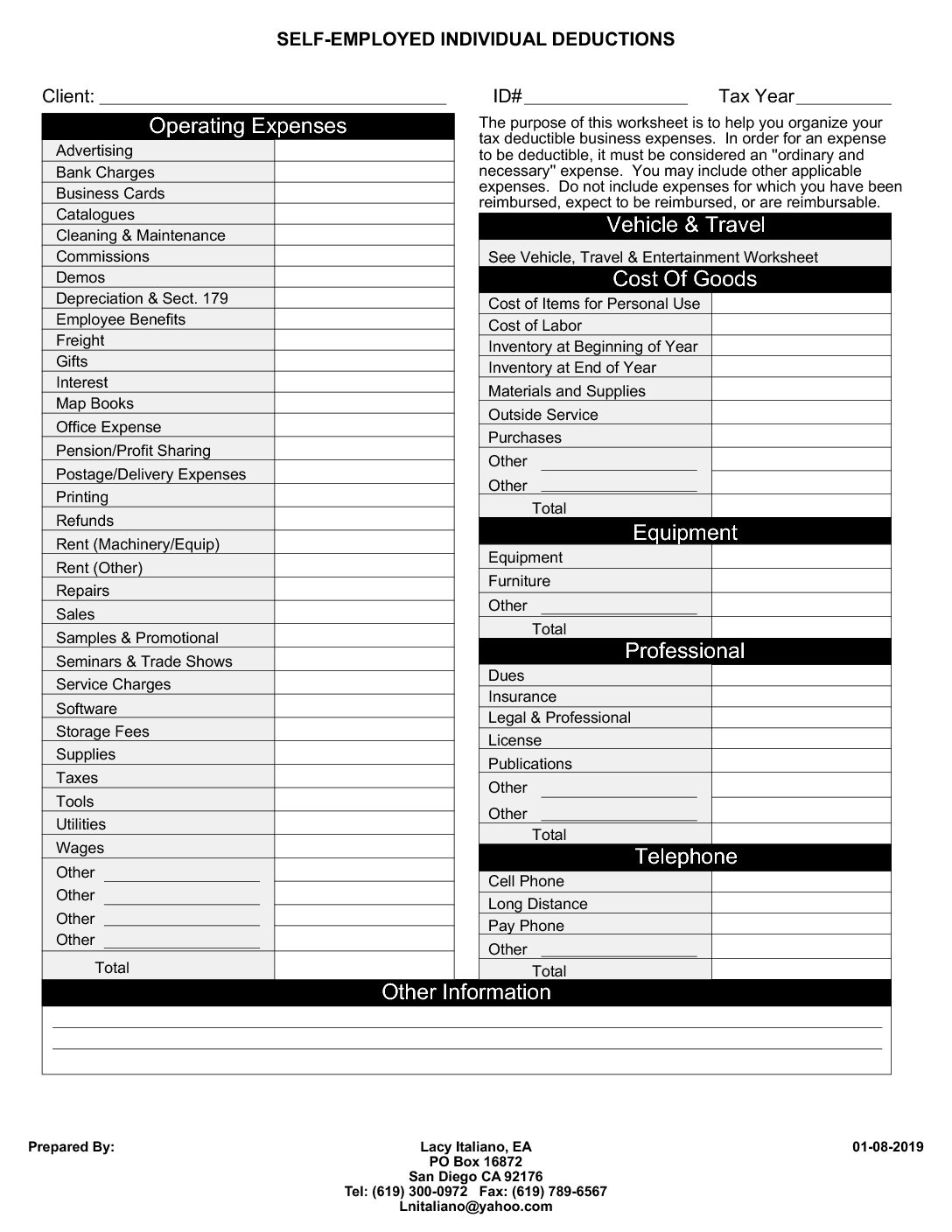 Self Employed Business Deduction Worksheet Italiano Tax Solutions Inc