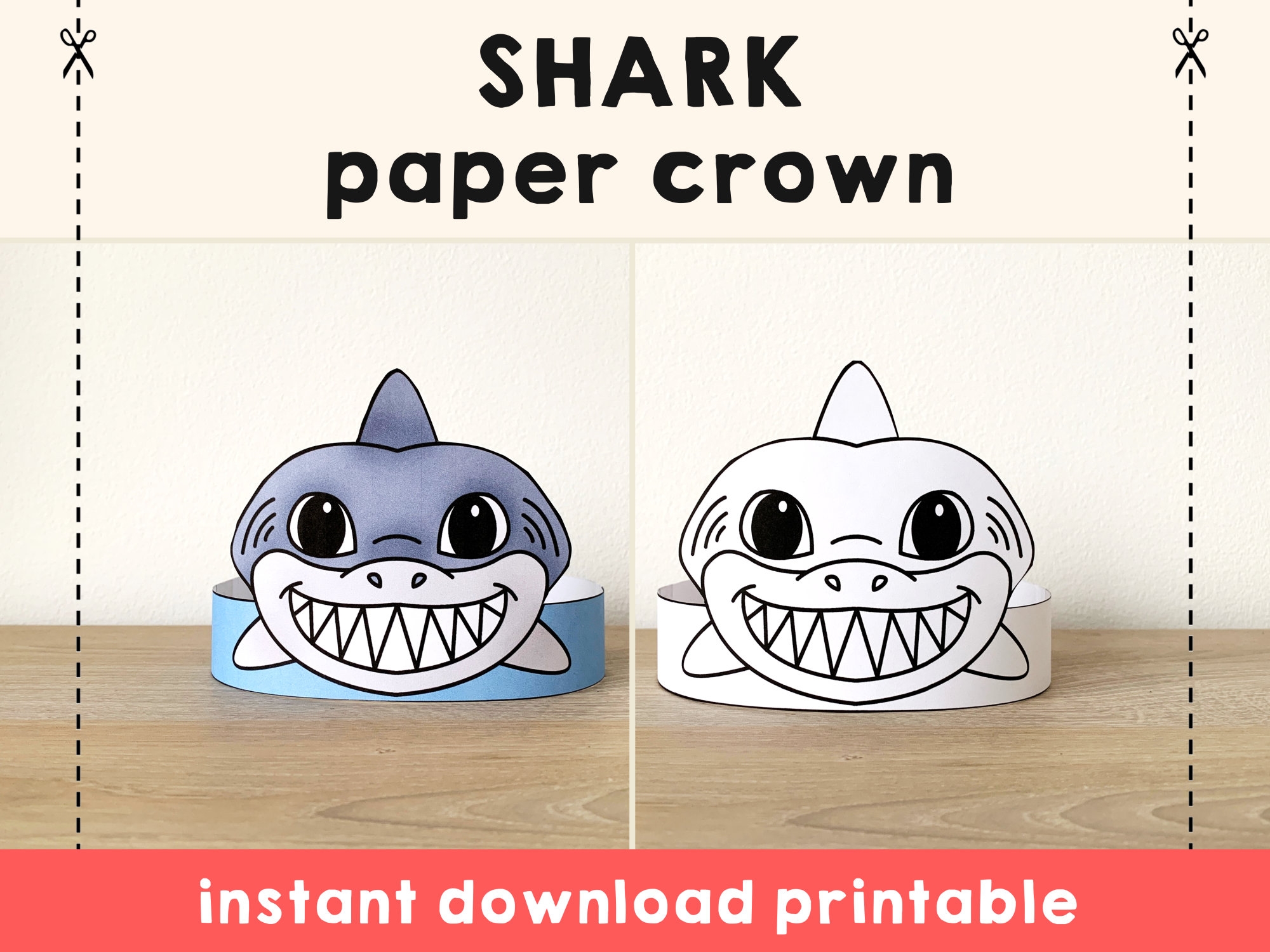 Shark Paper Crown Party Coloring Printable Party Hat Kids Craft Ocean Animal Birthday Decor Template Favor Pdf Costume DIY Instant Download Etsy Sweden
