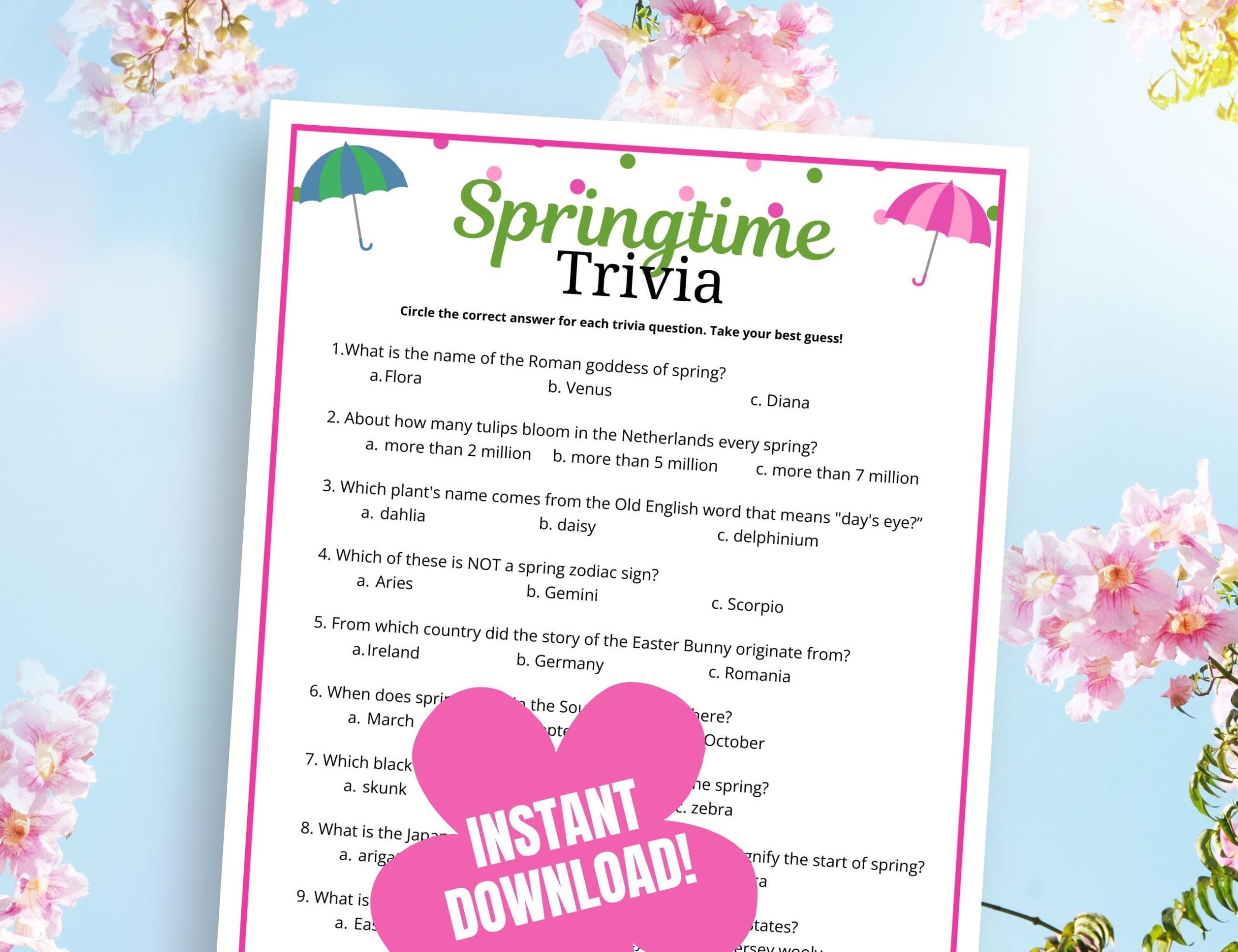 Spring Trivia Game Printable Fun Spring Questions And Answers Spring Multiple Choice Quiz Spring Quiz Game Springtime Games For Adults Etsy