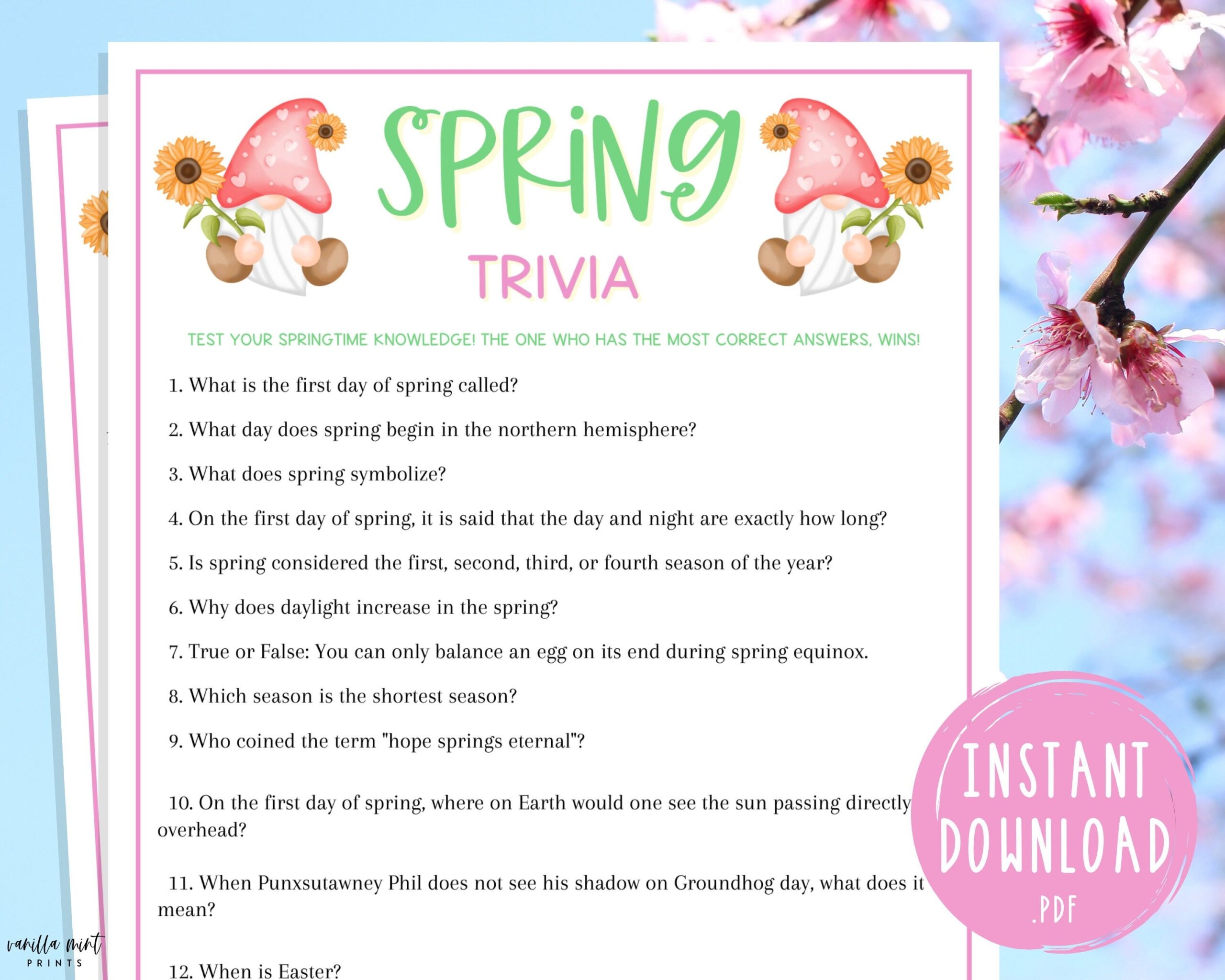 Spring Trivia Game Printable Springtime Games Party Games Spring Activities For Adults And Kids Fun Spring Games Etsy Spring Games Trivia Games Trivia