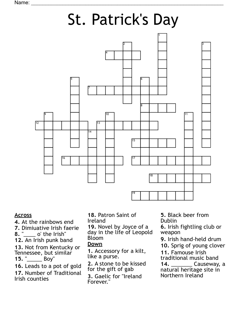 St Patrick'S Day Crossword Puzzle Printable