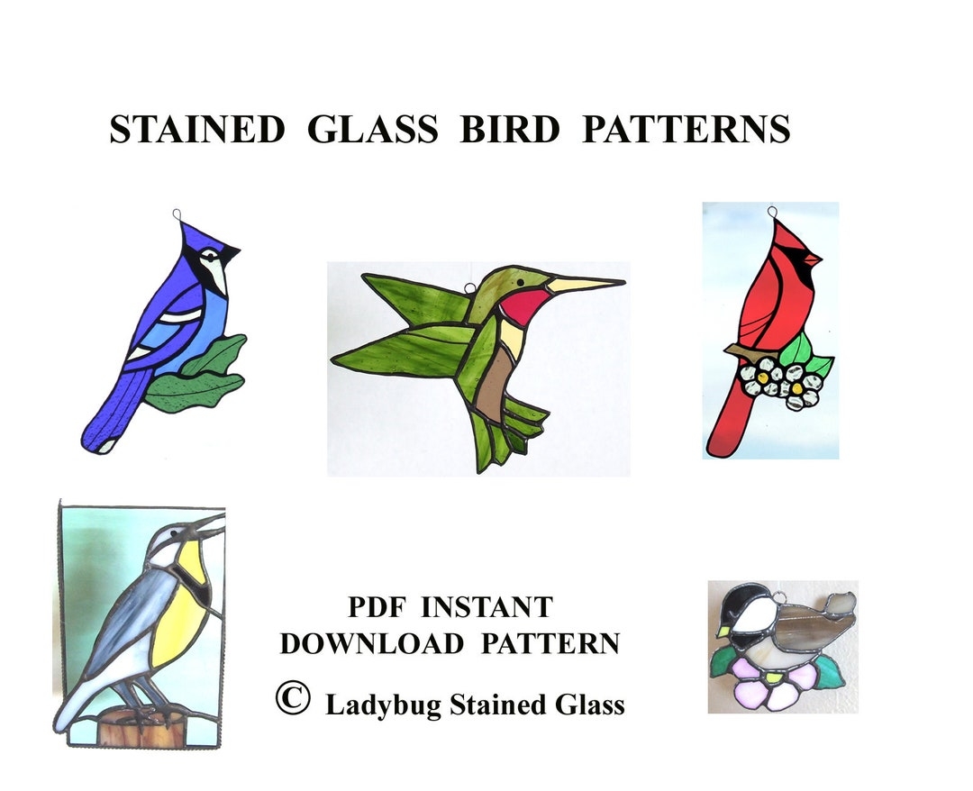 Stained Glass Bird PATTERNS Patterns To Make 5 Bird Suncatchers Blue Jay Cardinal Meadowlark Hummingbird Chickadee Etsy