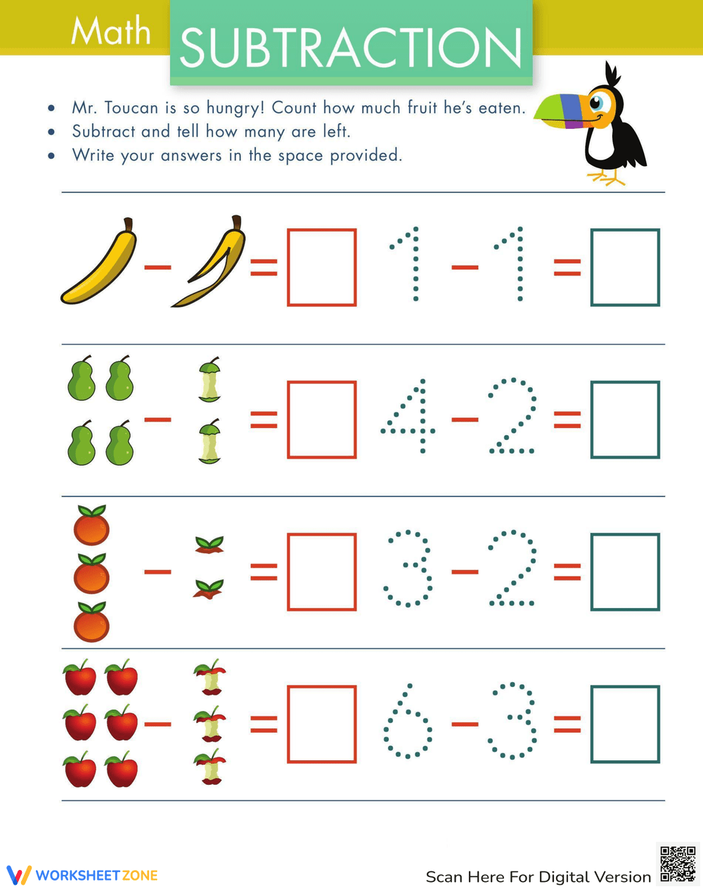 Subtraction With Pictures Fruit Worksheet