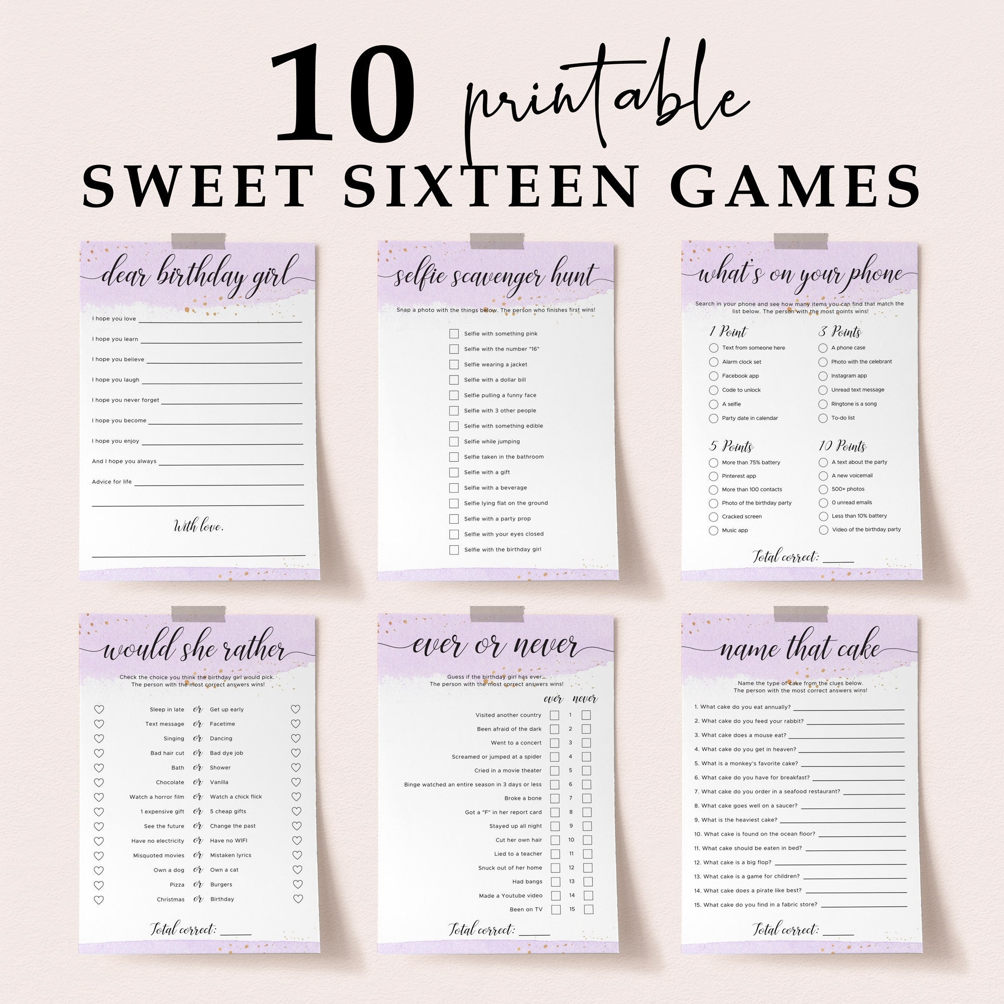 Sweet 16 Party Games Pack Printable Sixteenth Birthday Games Pack Purple And Gold Teenager Bday Activities For Girls Teen Party Ideas BG4 Etsy