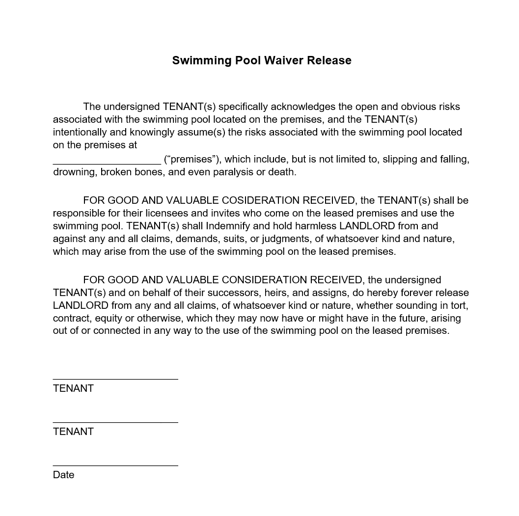 Swimming Pool Waiver Release Form Landlord Forms Docs 2023