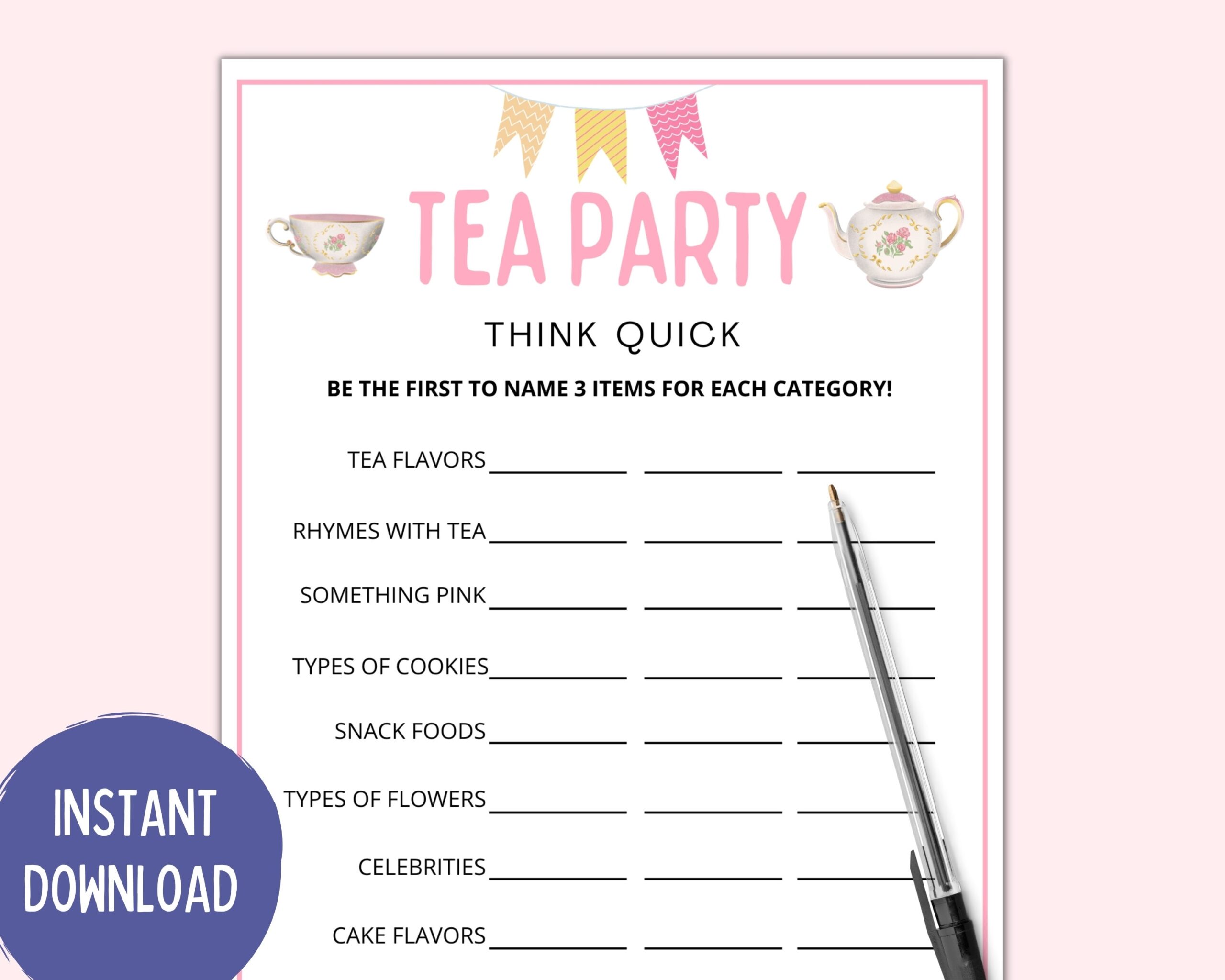 Tea Party Think Quick Tea Party Games Tea Party Games Adults Kids Toddler Tea Party Printable Games Tea Party Bridal Baby Shower Etsy
