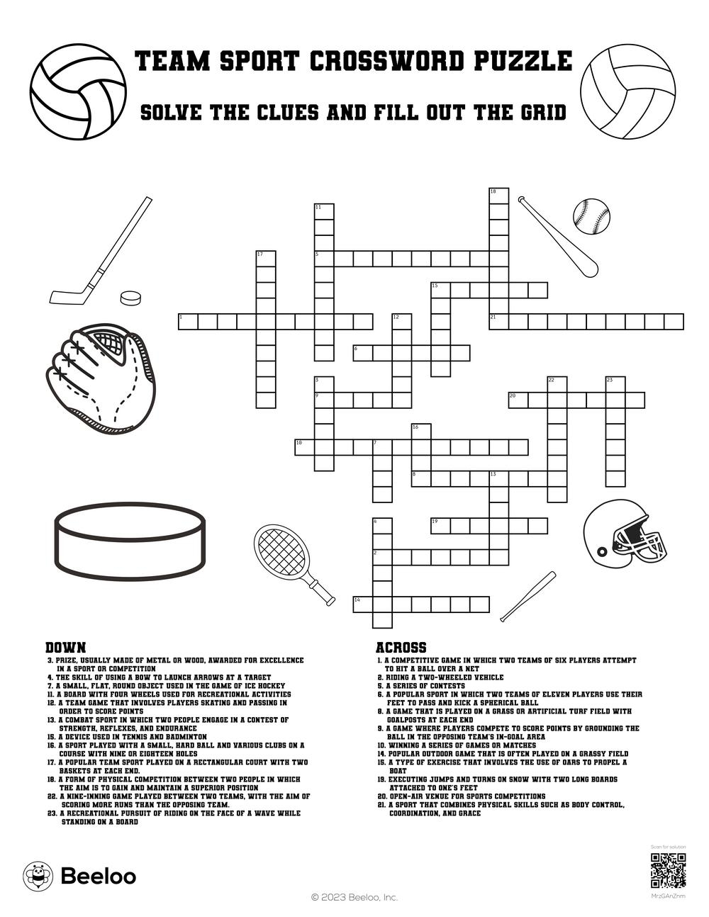 Team Sport Crossword Puzzle Beeloo Printable Crafts And Activities For Kids