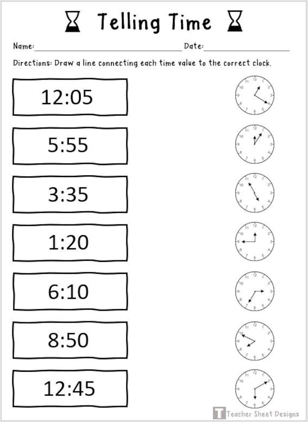 Telling Time Matching Worksheet Etsy