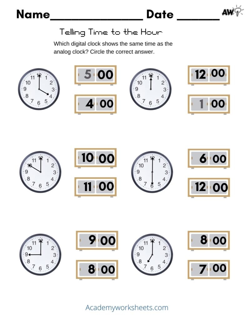 Telling Time To The Hour Match Digital To Analog Academy Worksheets