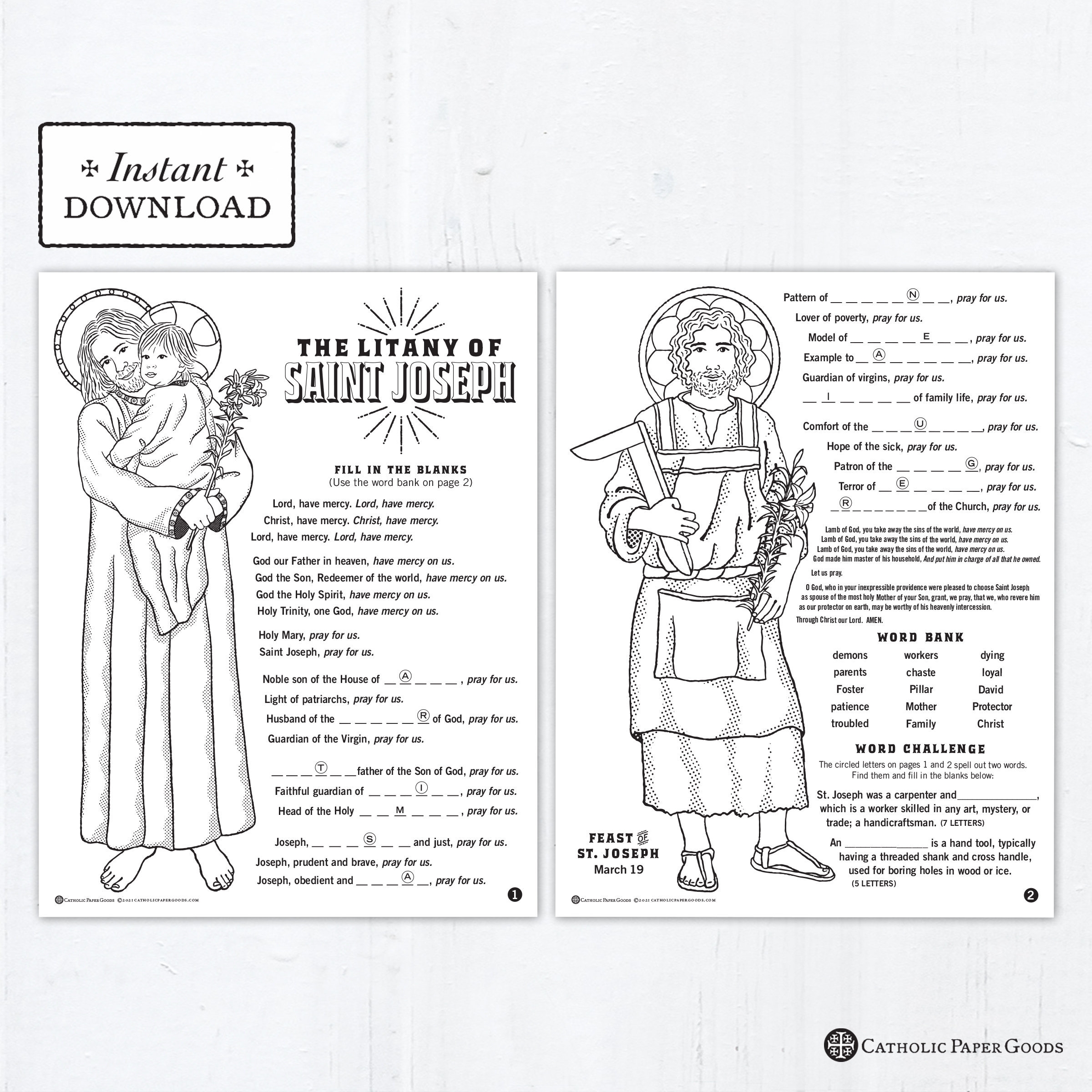 The Litany Of Saint Joseph Catholic Coloring Pages And Word Game Catholic Saints 2 Printable Coloring Pages Digital PDF