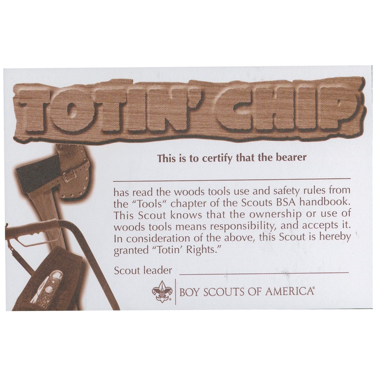 Totin Chip Pocket Certificate Boy Scouts Of America