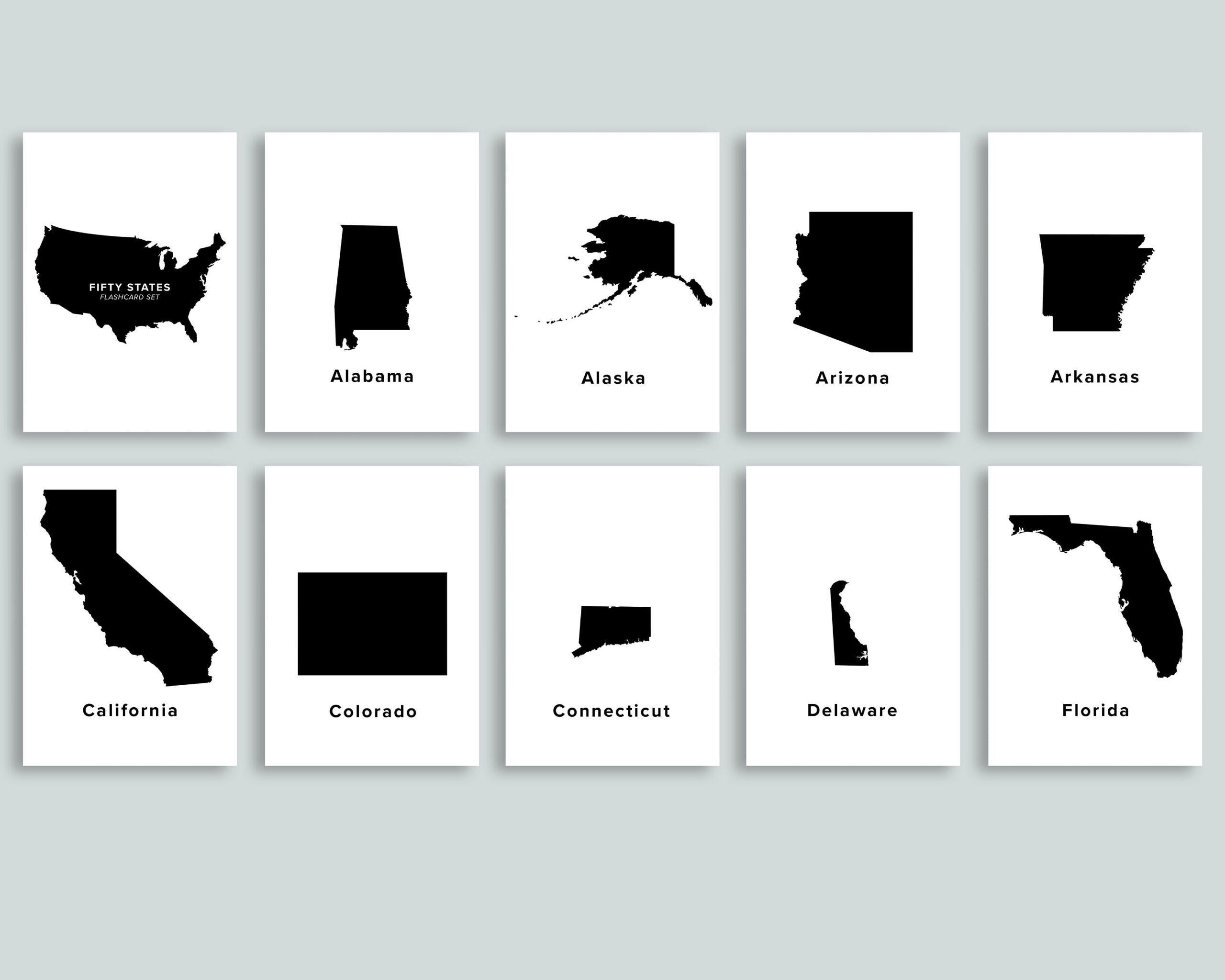 USA Flashcards Printable Homeschool Printables Minimalist Fifty States Of America Cards Geography 50 United State Flash Outline Black Etsy