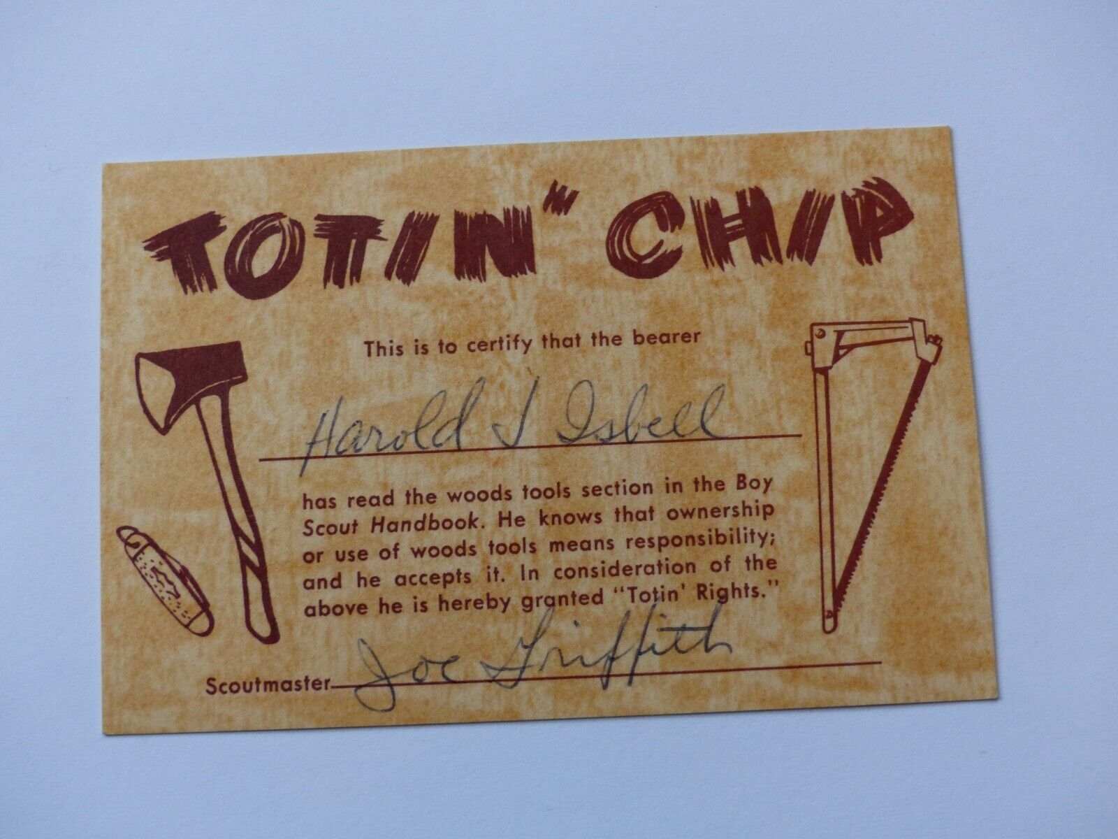 Used Circa 1971 Totin Chip Card Boy Scout BSA Axe Knife Saw Skill Safety EBay