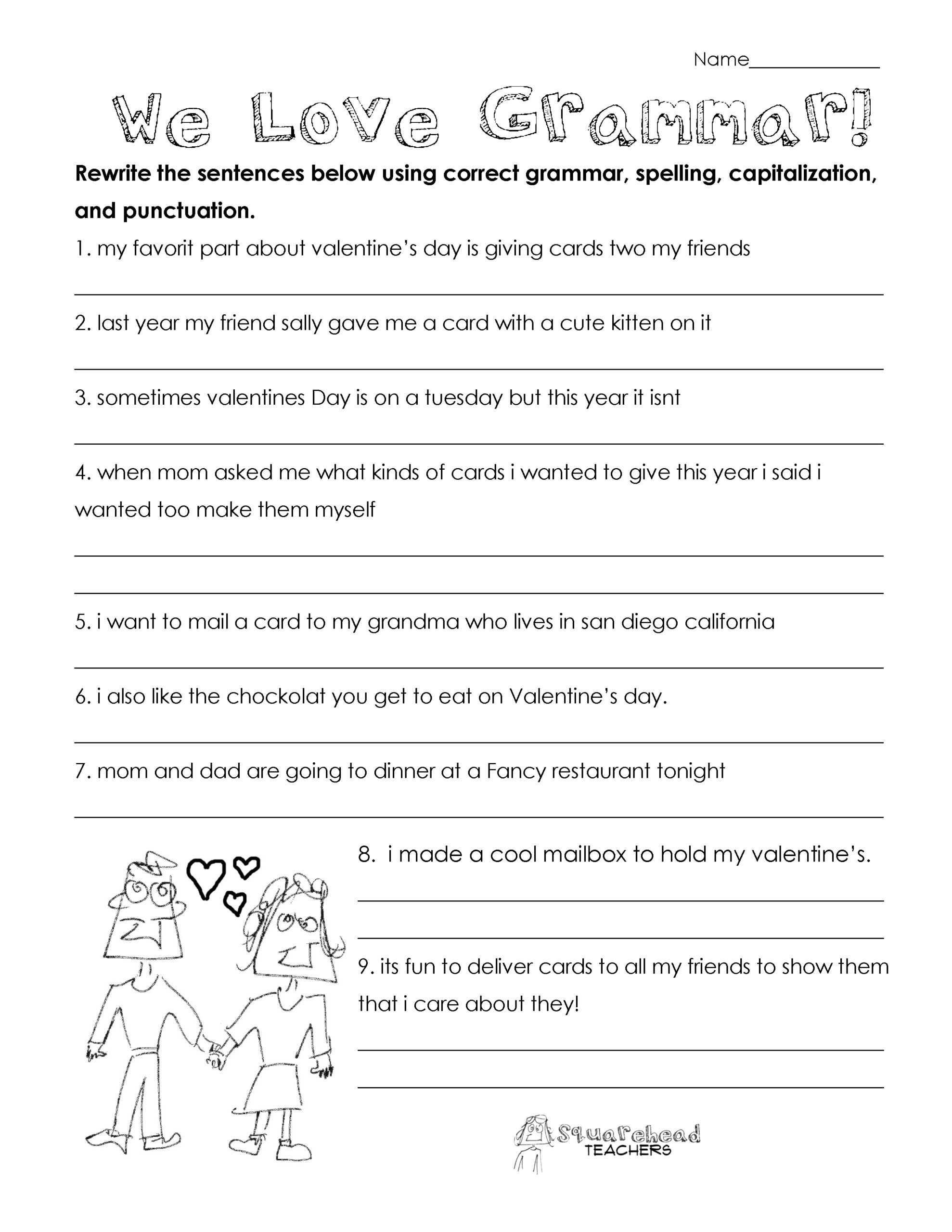 Valentine s Day Grammar free Worksheet For 3rd Grade And Up Squarehead Teachers