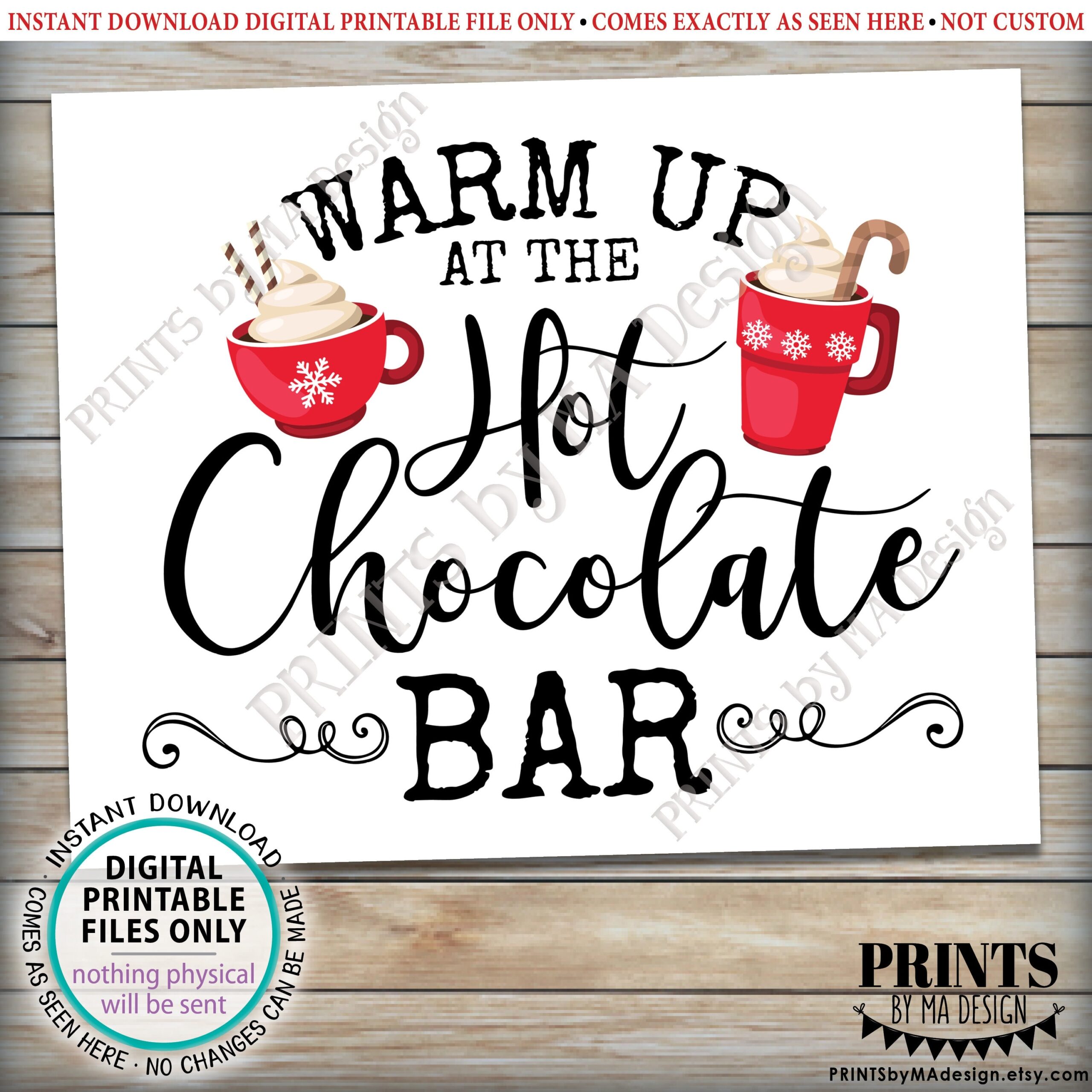 Warm Up At The Hot Chocolate Bar Sign Holiday Party Hot Cocoa Red Mugs Snowflakes PRINTABLE 8x10 16x20 Sign