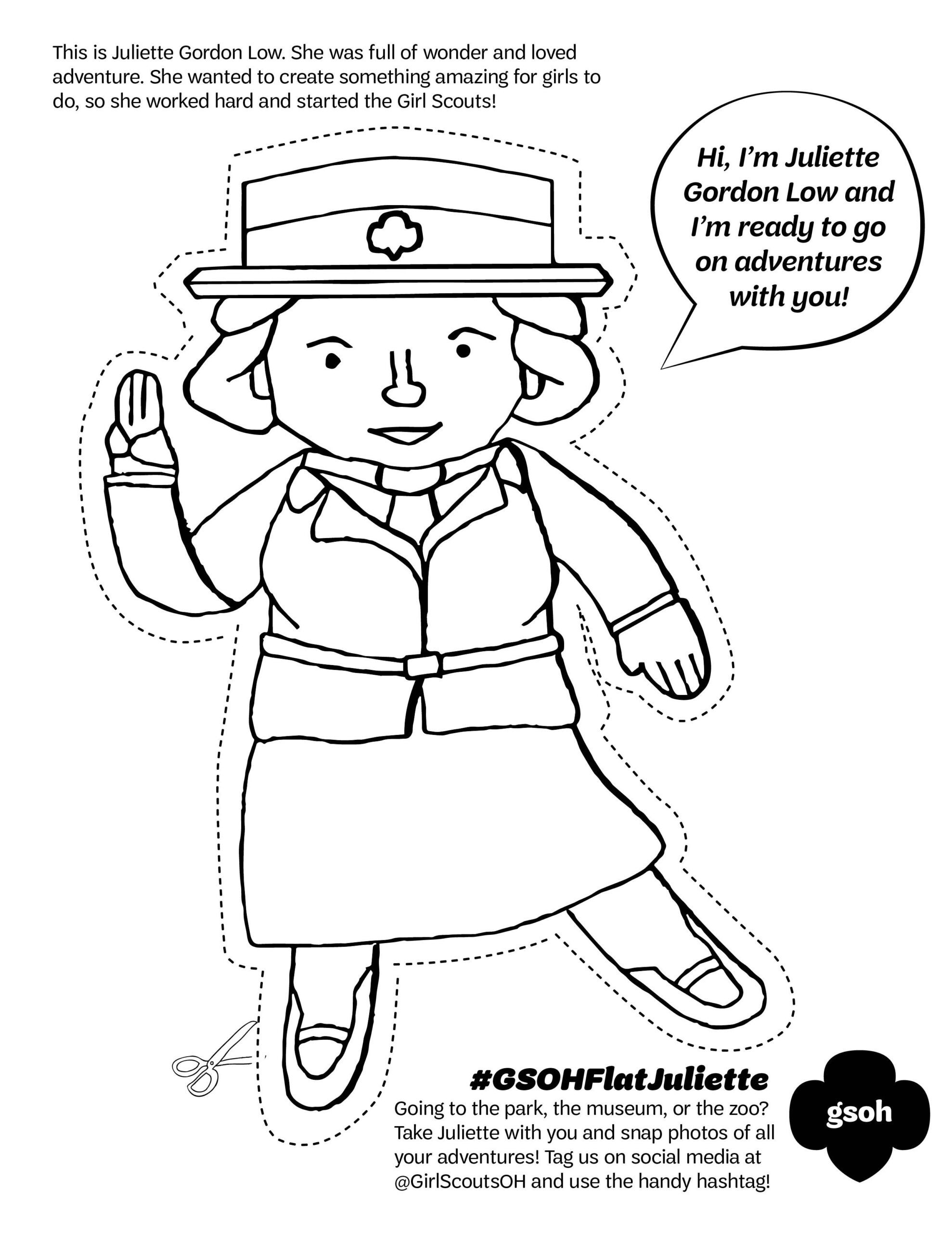 We Love This Flat Juliette Coloring Page From GS Of Ohio s Heartland Cut Her Out And Take Her On Your G Girl Scouts Girl Scout Camping Girl Scout Activities