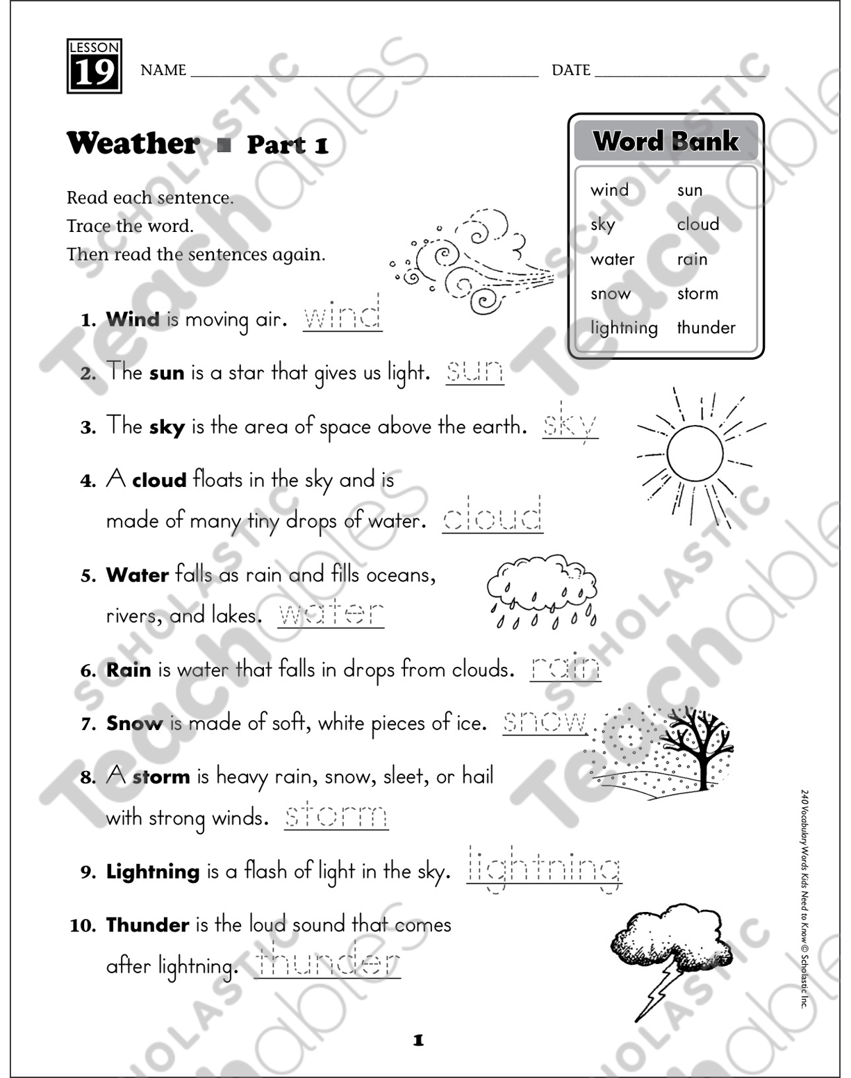 Weather Content Words Grade 1 Vocabulary Printable Skills Sheets