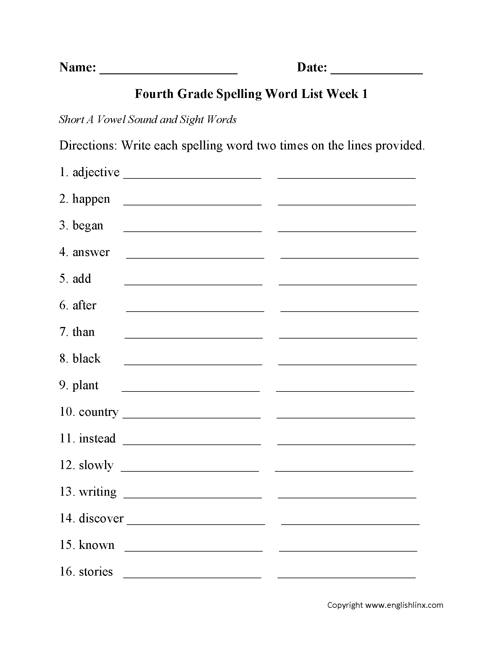 Week 1 Short A Vowel And Sight Words Fourth Grade Spelling Words Worksheets Grade Spelling 4th Grade Spelling Words Spelling Worksheets
